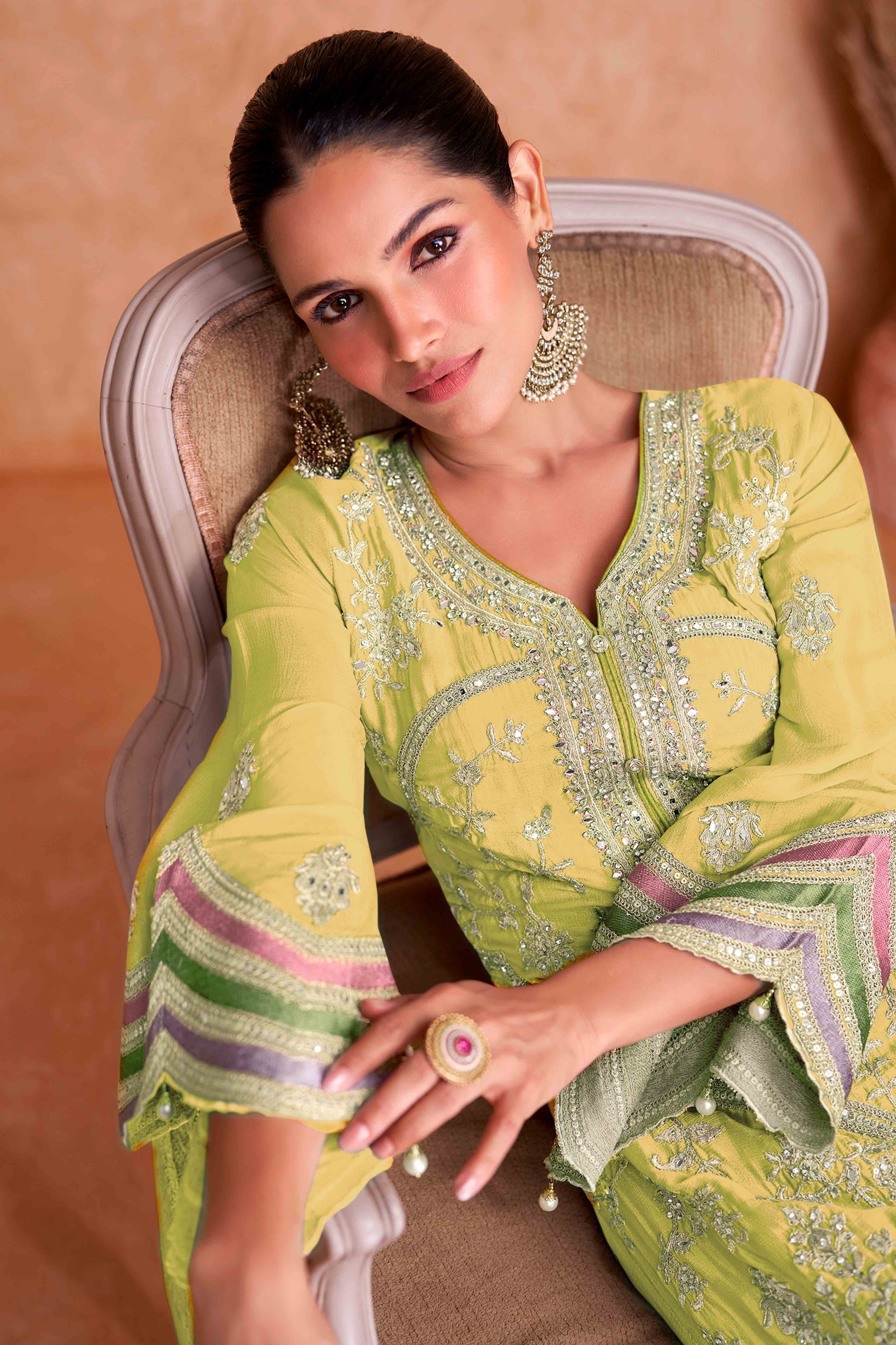 Yellow Floral Sequins Embroidered Chinon Palazzo Suit