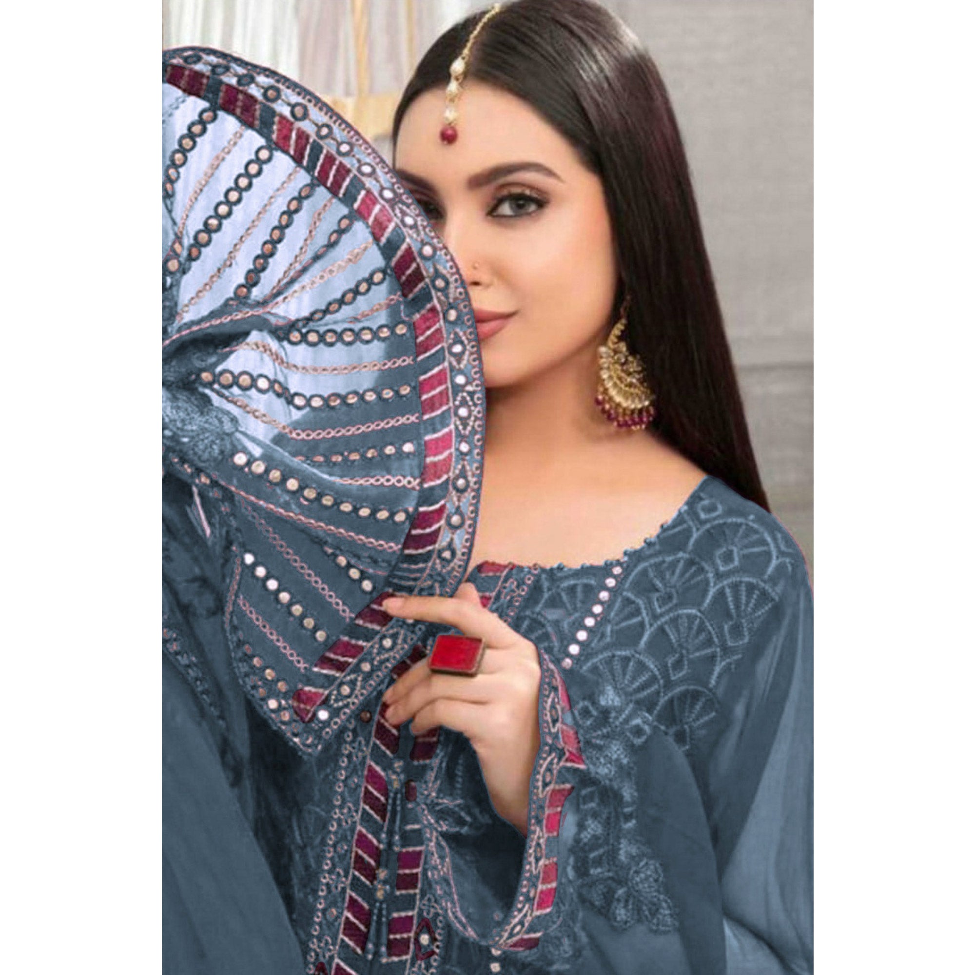 Grey Embroidered Georgette Semi Stitched Pakistani Suit