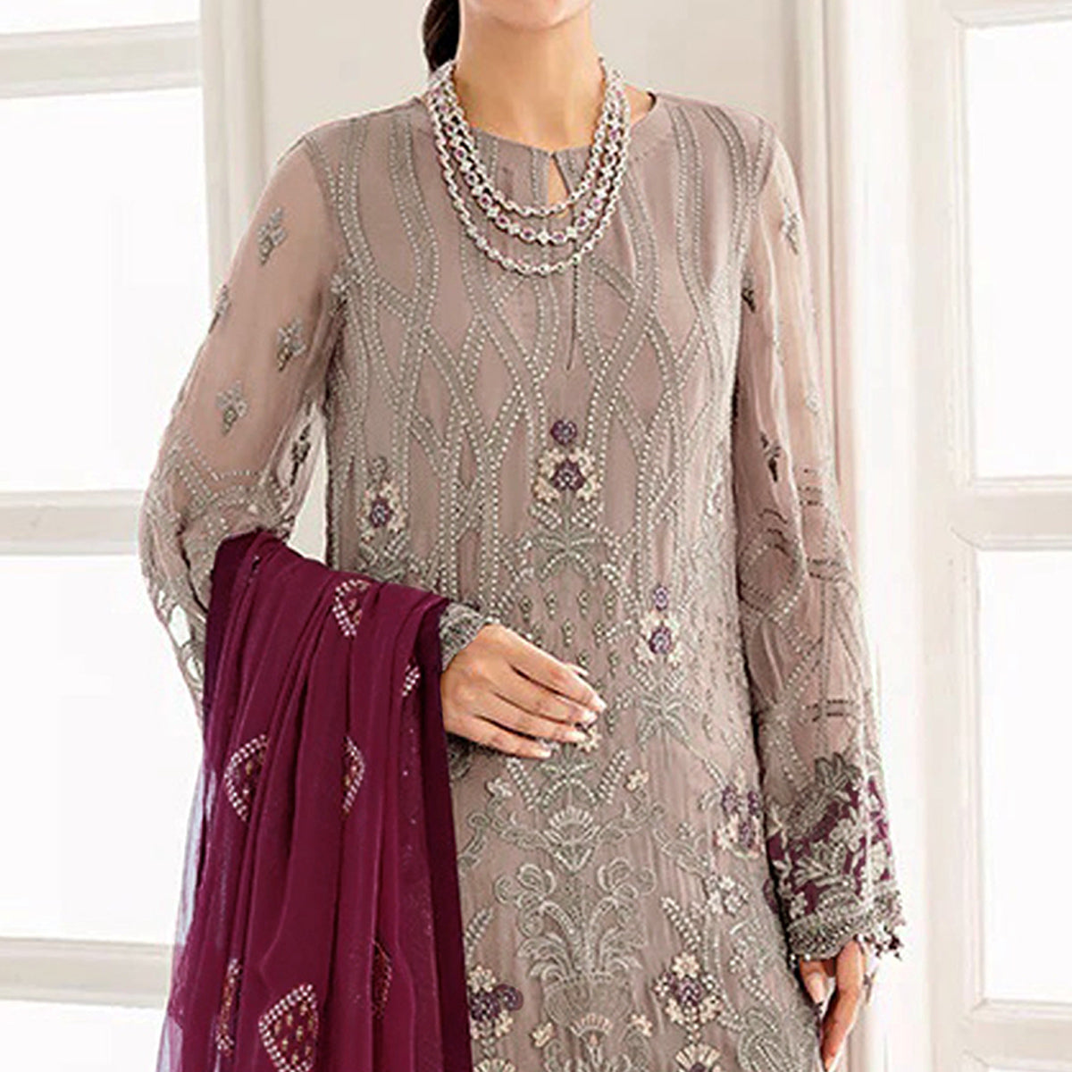 Beige Embroidered Georgette Semi Stitched Pakistani Suit