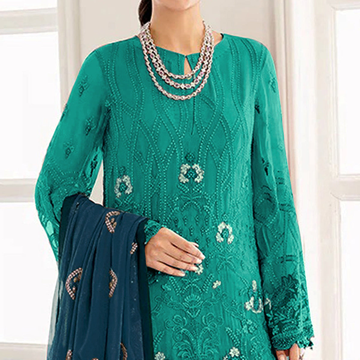 Rama Green Embroidered Georgette Semi Stitched Pakistani Suit