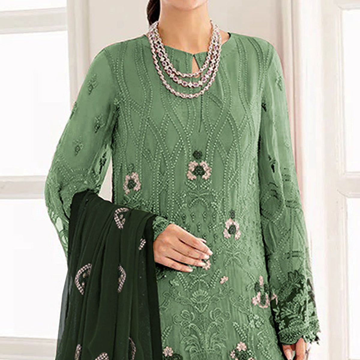 Green Embroidered Georgette Semi Stitched Pakistani Suit