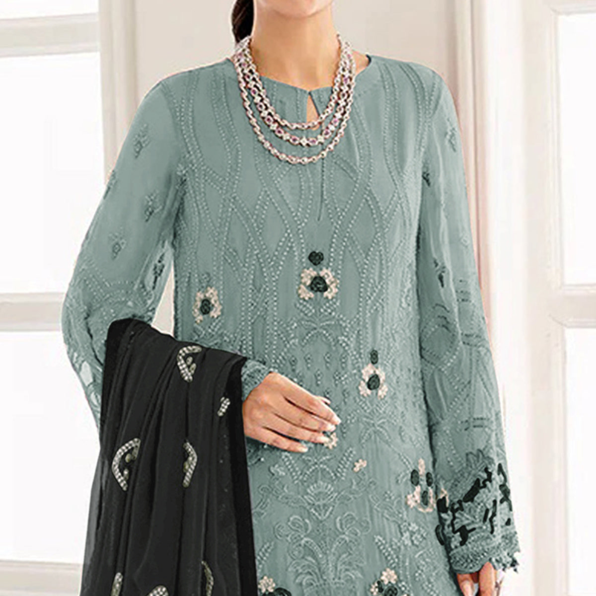 Grey Embroidered Georgette Semi Stitched Pakistani Suit