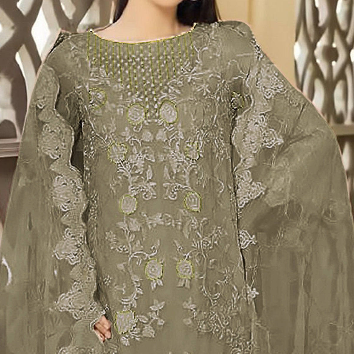 Dark Beige Floral Embroidered Georgette Semi Stitched Pakistani Suit
