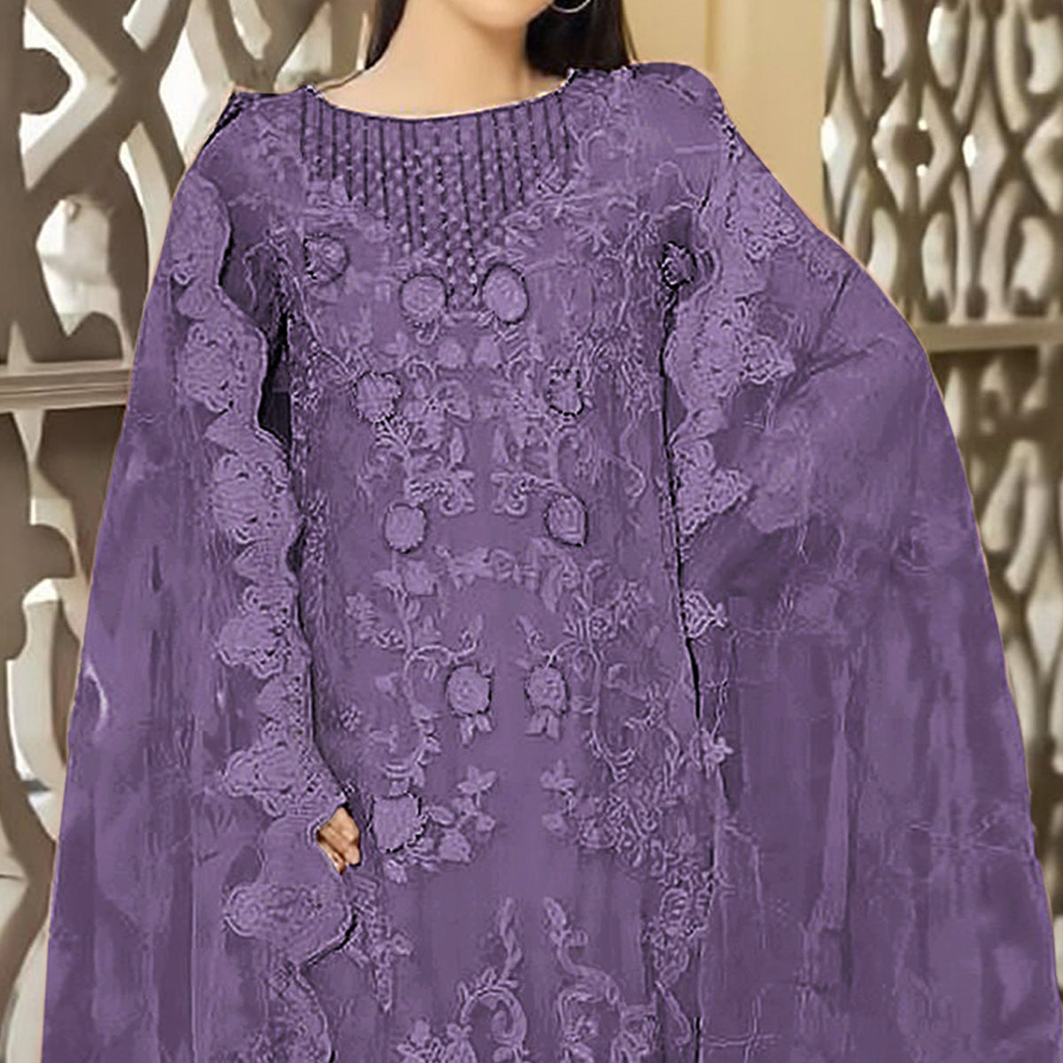 Purple Floral Embroidered Georgette Semi Stitched Pakistani Suit