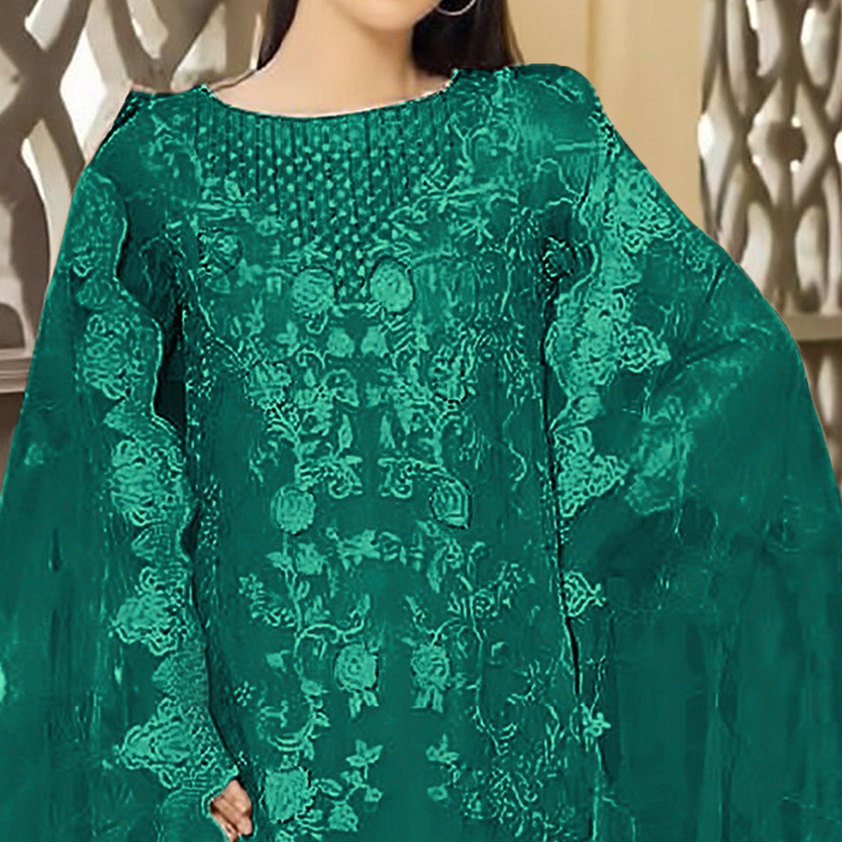 Teal Floral Embroidered Georgette Semi Stitched Pakistani Suit