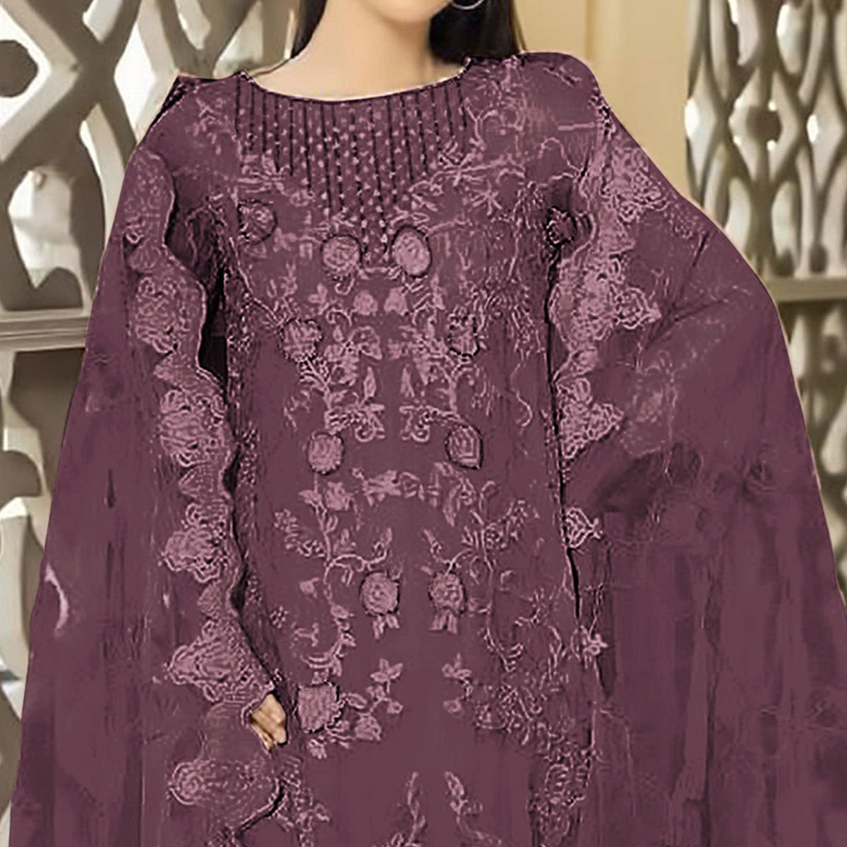 Dark Mauve Floral Embroidered Georgette Semi Stitched Pakistani Suit