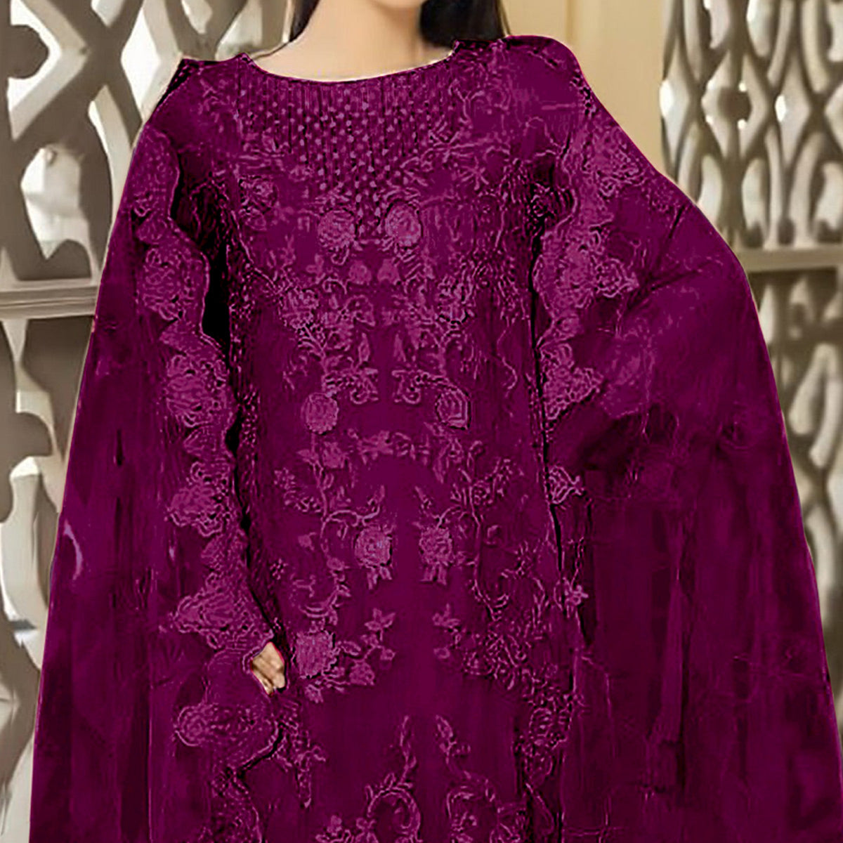 Wine Floral Embroidered Georgette Semi Stitched Pakistani Suit