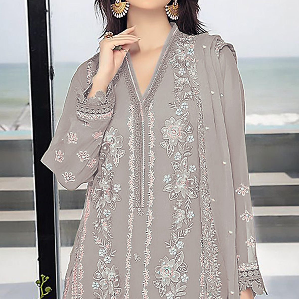 Dark Beige Floral Embroidered Georgette Semi Stitched Pakistani Suit