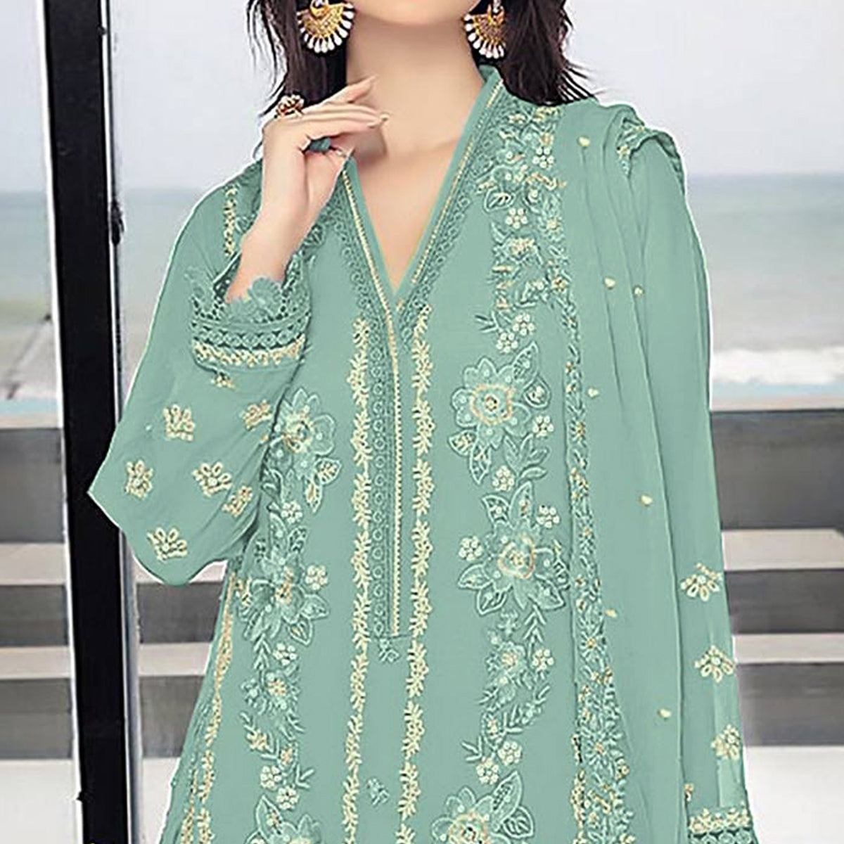 Light Turquoise Floral Embroidered Georgette Semi Stitched Pakistani Suit