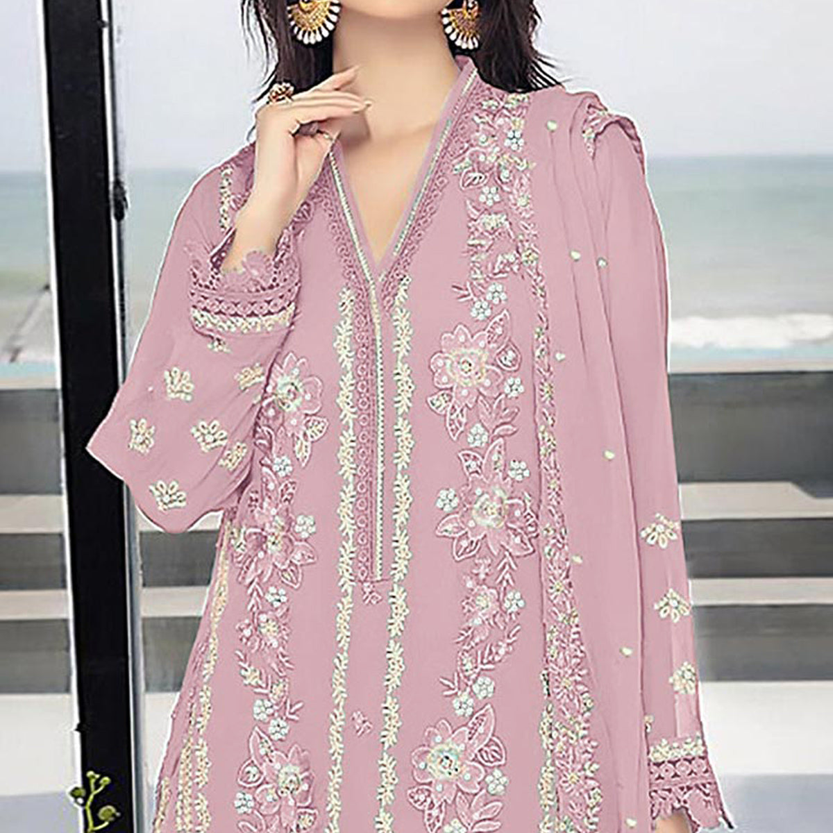Pink Floral Embroidered Georgette Semi Stitched Pakistani Suit