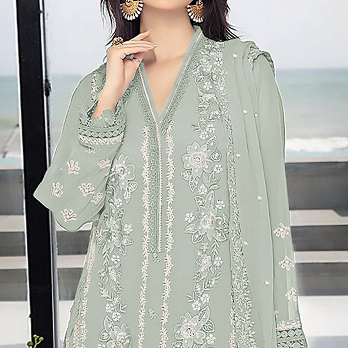 Pista Green Floral Embroidered Georgette Semi Stitched Pakistani Suit