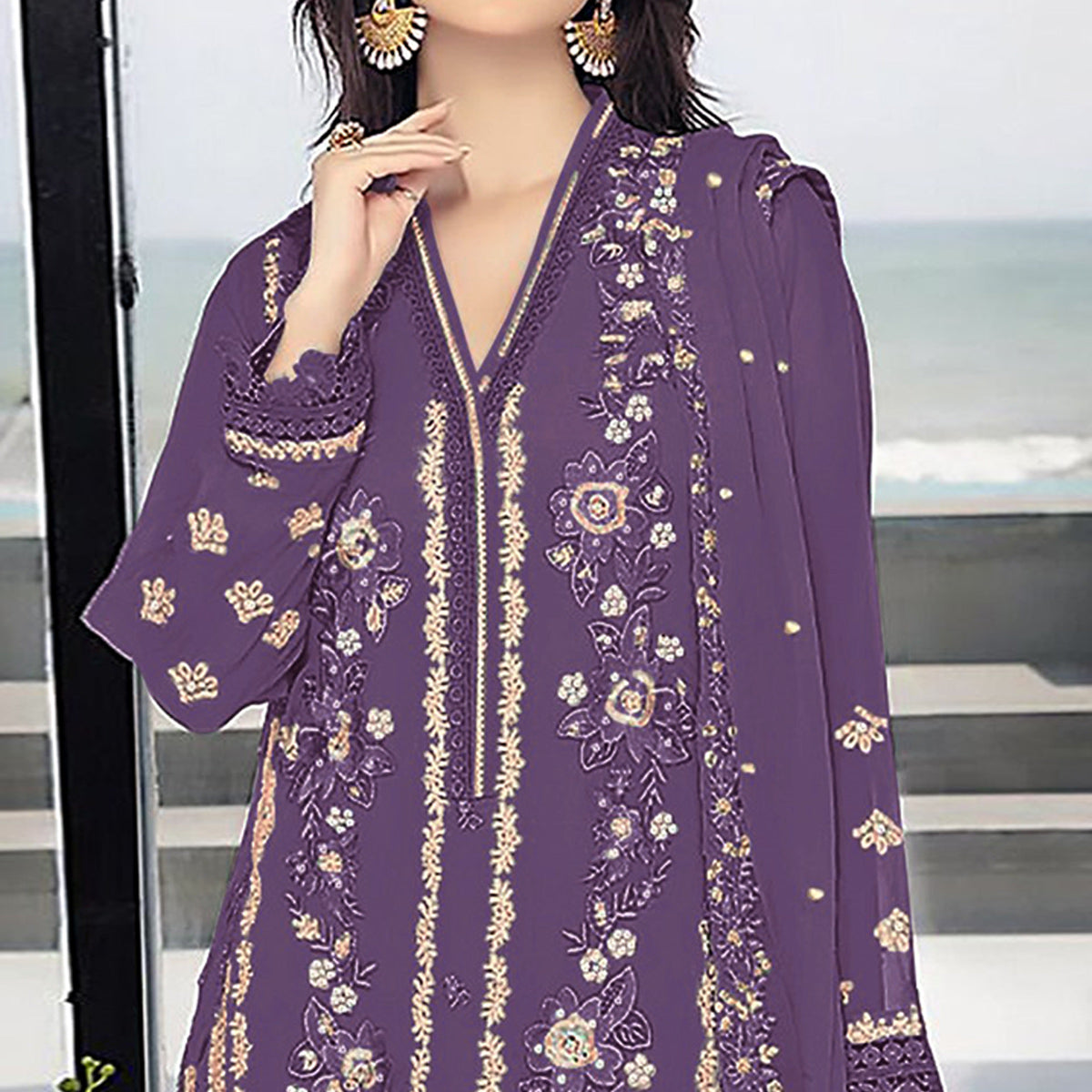 Purple Floral Embroidered Georgette Semi Stitched Pakistani Suit