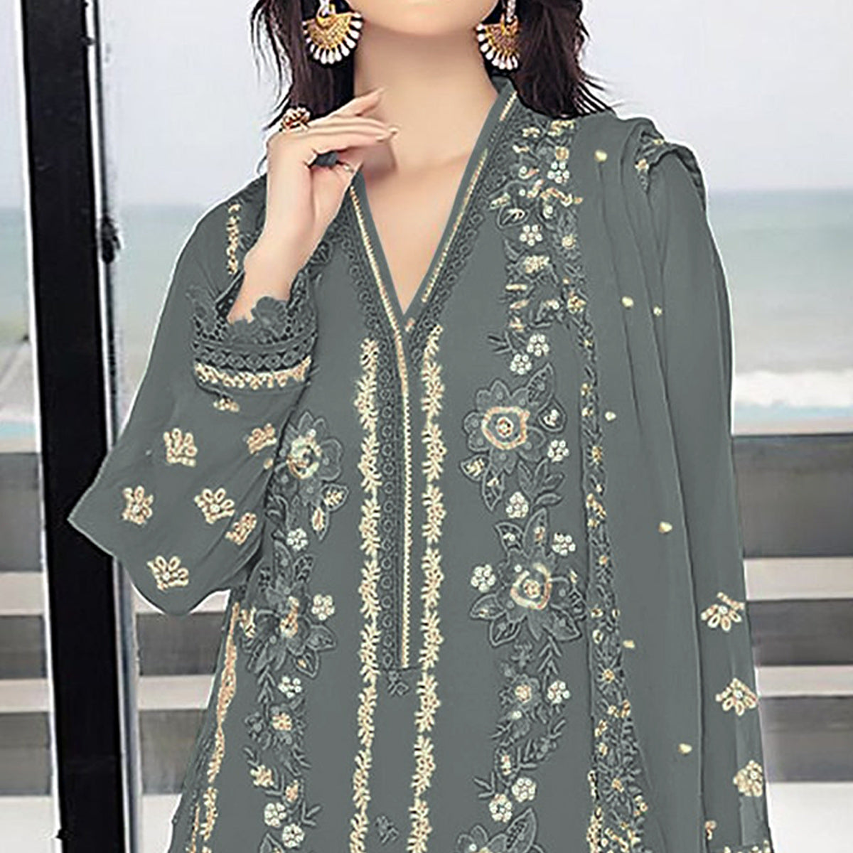 Grey Floral Embroidered Georgette Semi Stitched Pakistani Suit