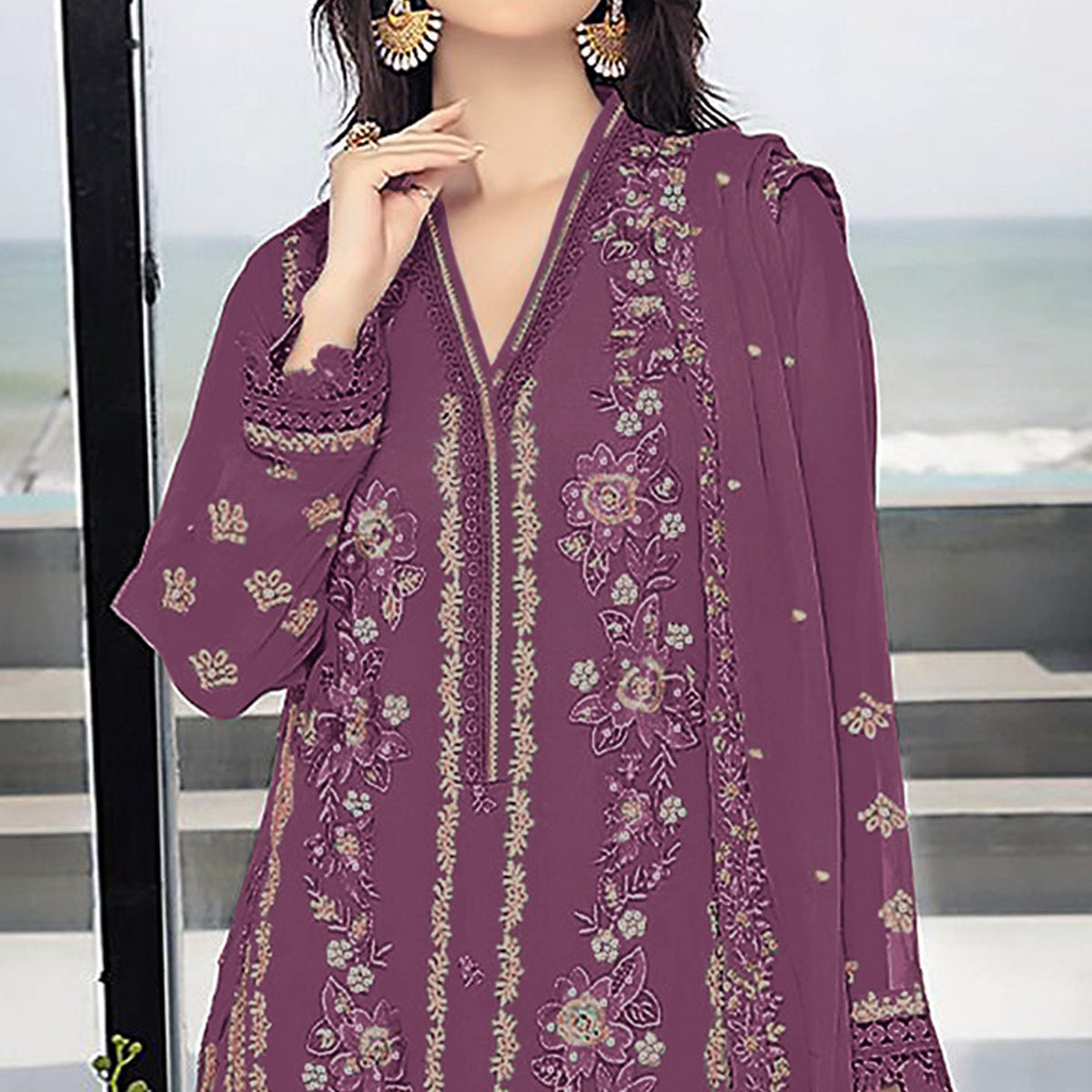 Dark Mauve Floral Embroidered Georgette Semi Stitched Pakistani Suit