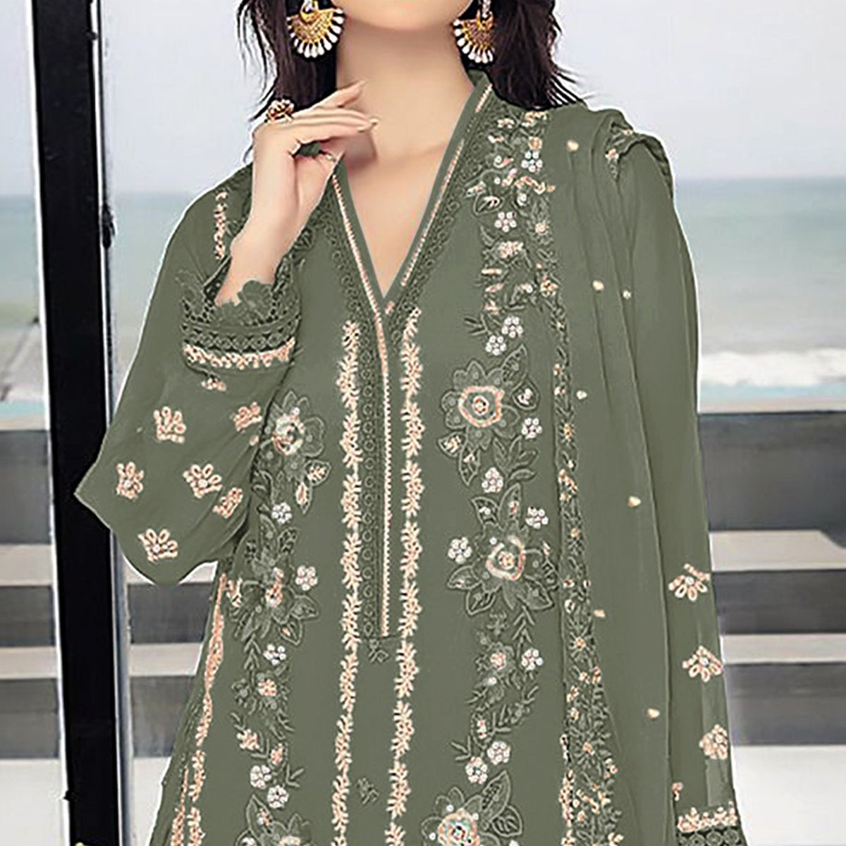 Mehendi Green Floral Embroidered Georgette Semi Stitched Pakistani Suit