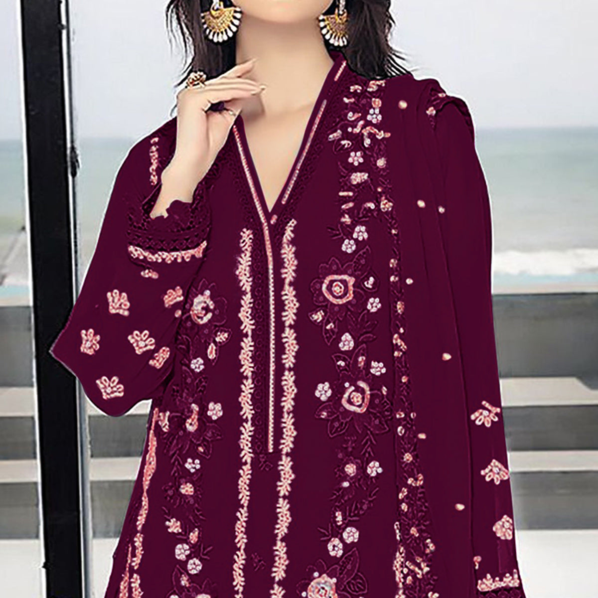 Wine Floral Embroidered Georgette Semi Stitched Pakistani Suit