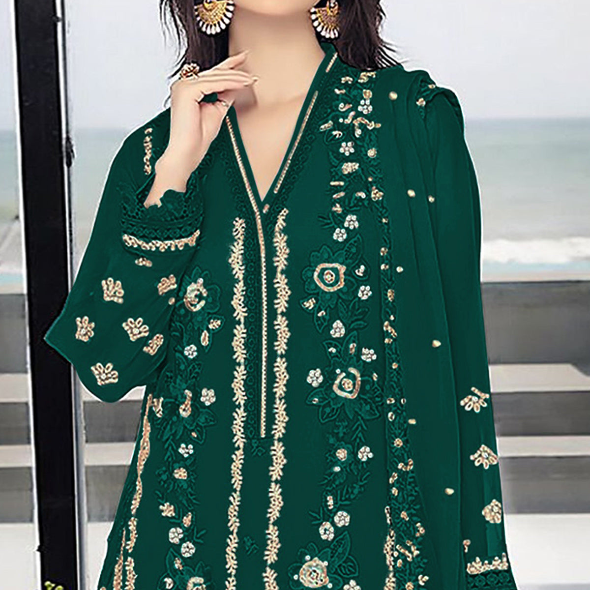 Rama Green Floral Embroidered Georgette Semi Stitched Pakistani Suit