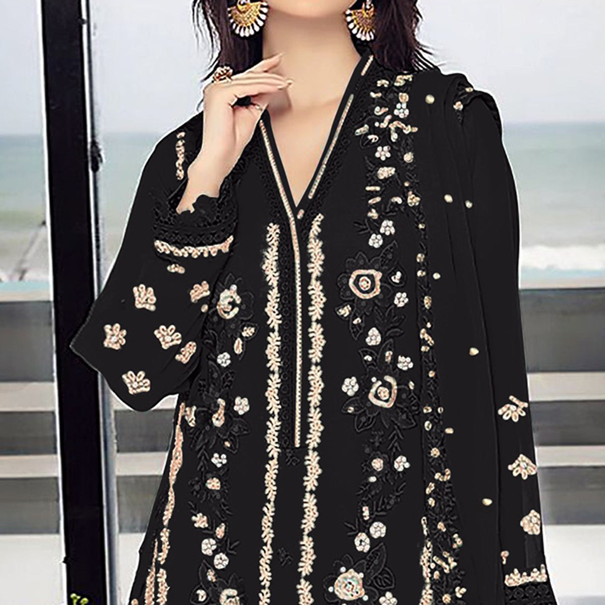 Black Floral Embroidered Georgette Semi Stitched Pakistani Suit