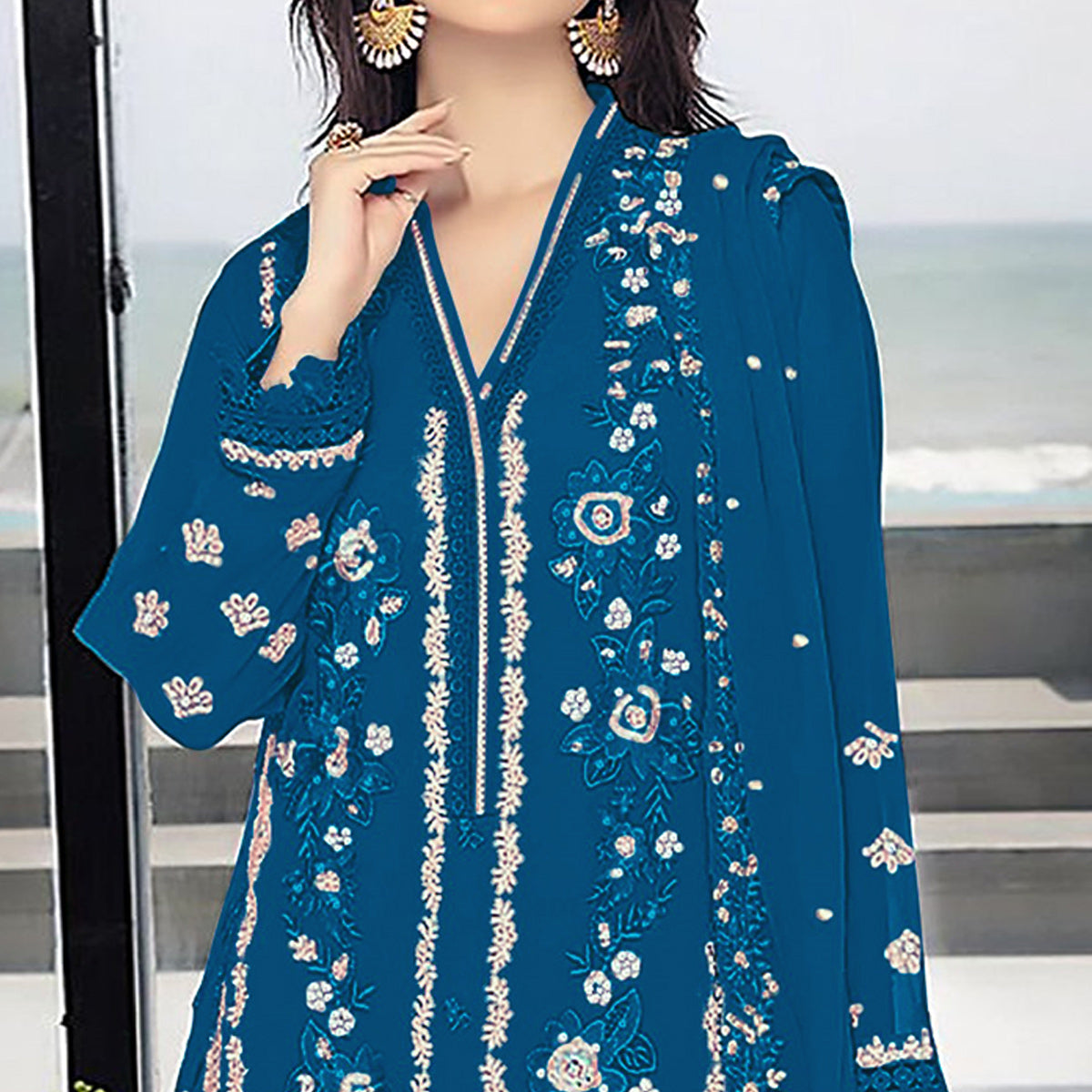 Blue Floral Embroidered Georgette Semi Stitched Pakistani Suit