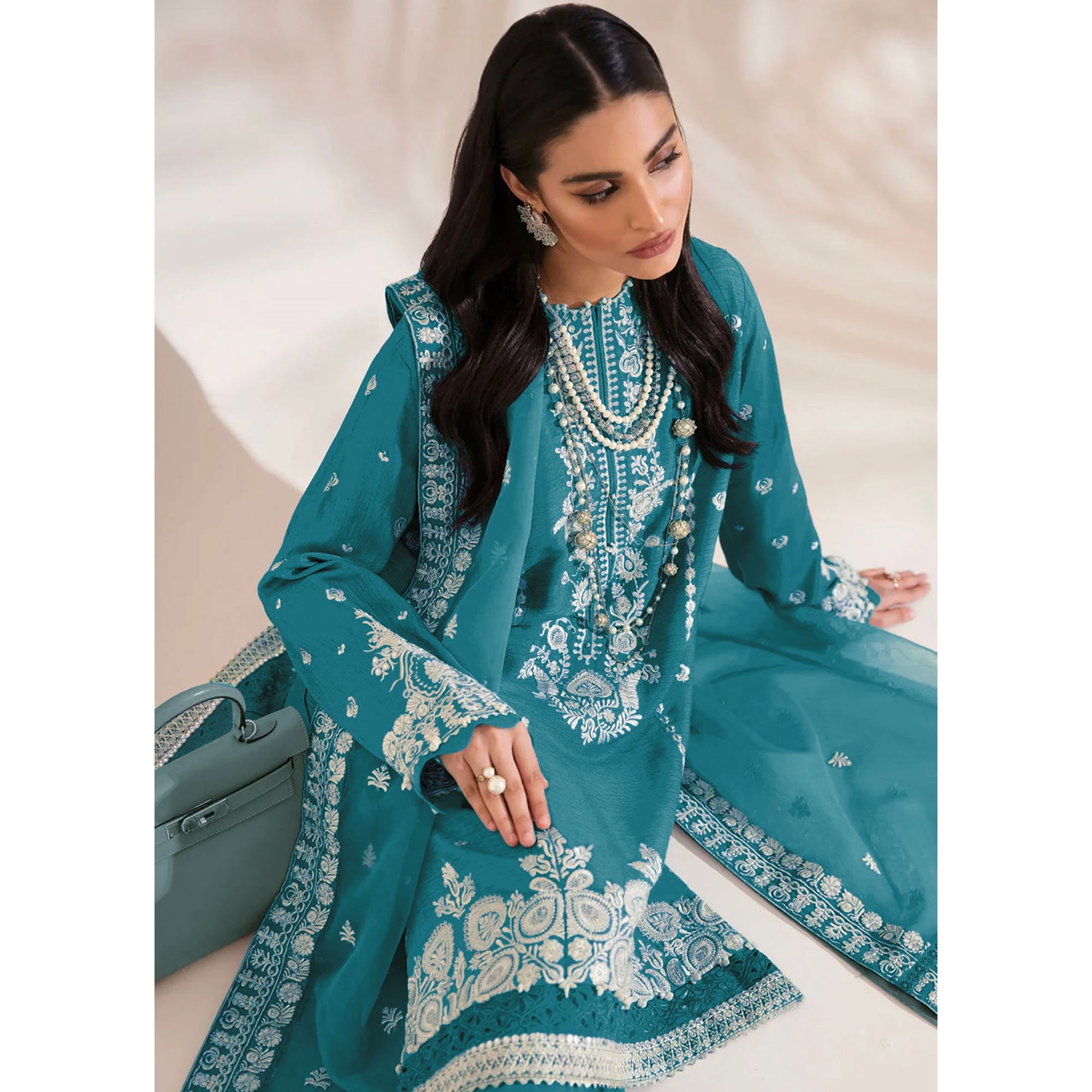 Rama Blue Floral Embroidered Georgette Semi Stitched Pakistani Suit