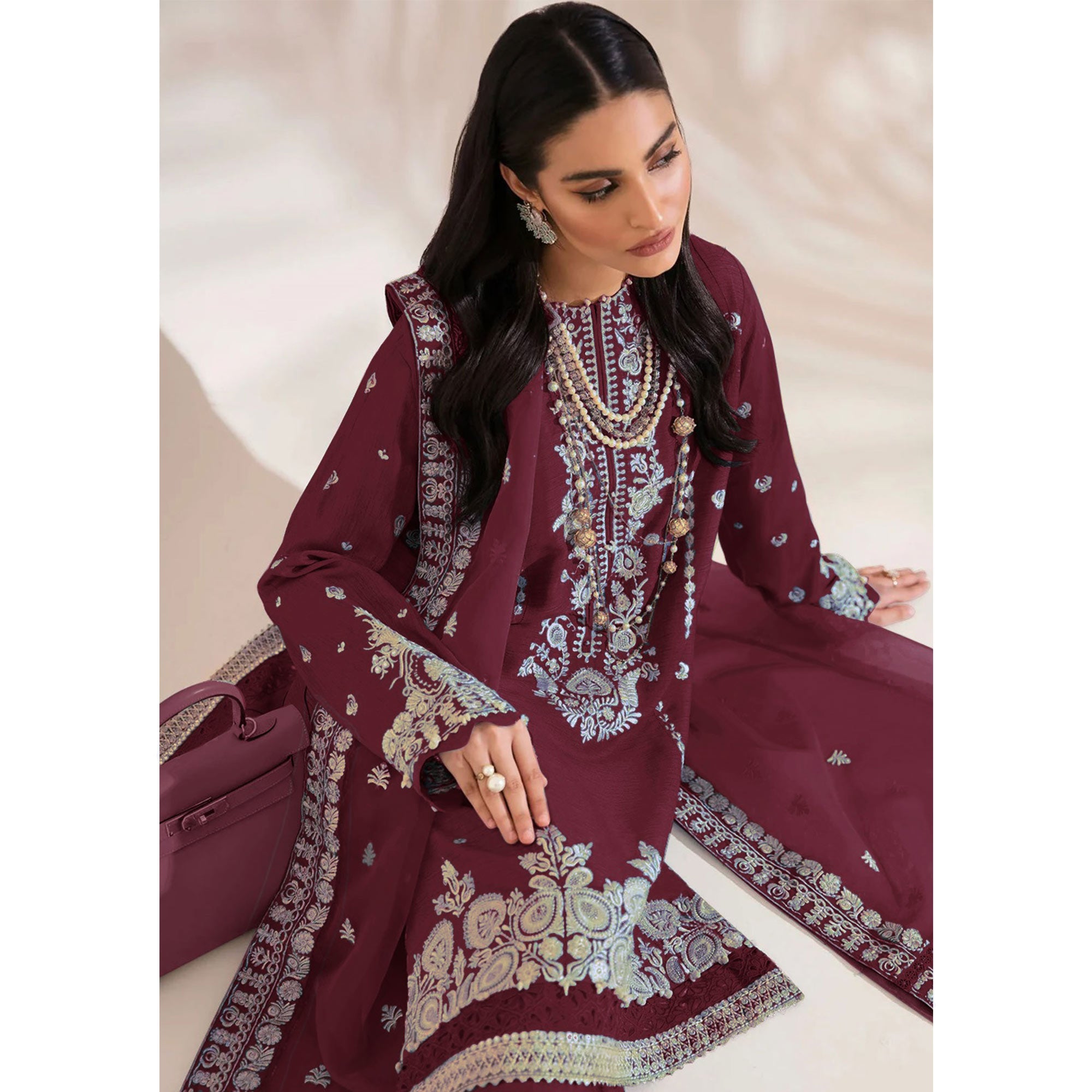 Brick Red Floral Embroidered Georgette Semi Stitched Pakistani Suit