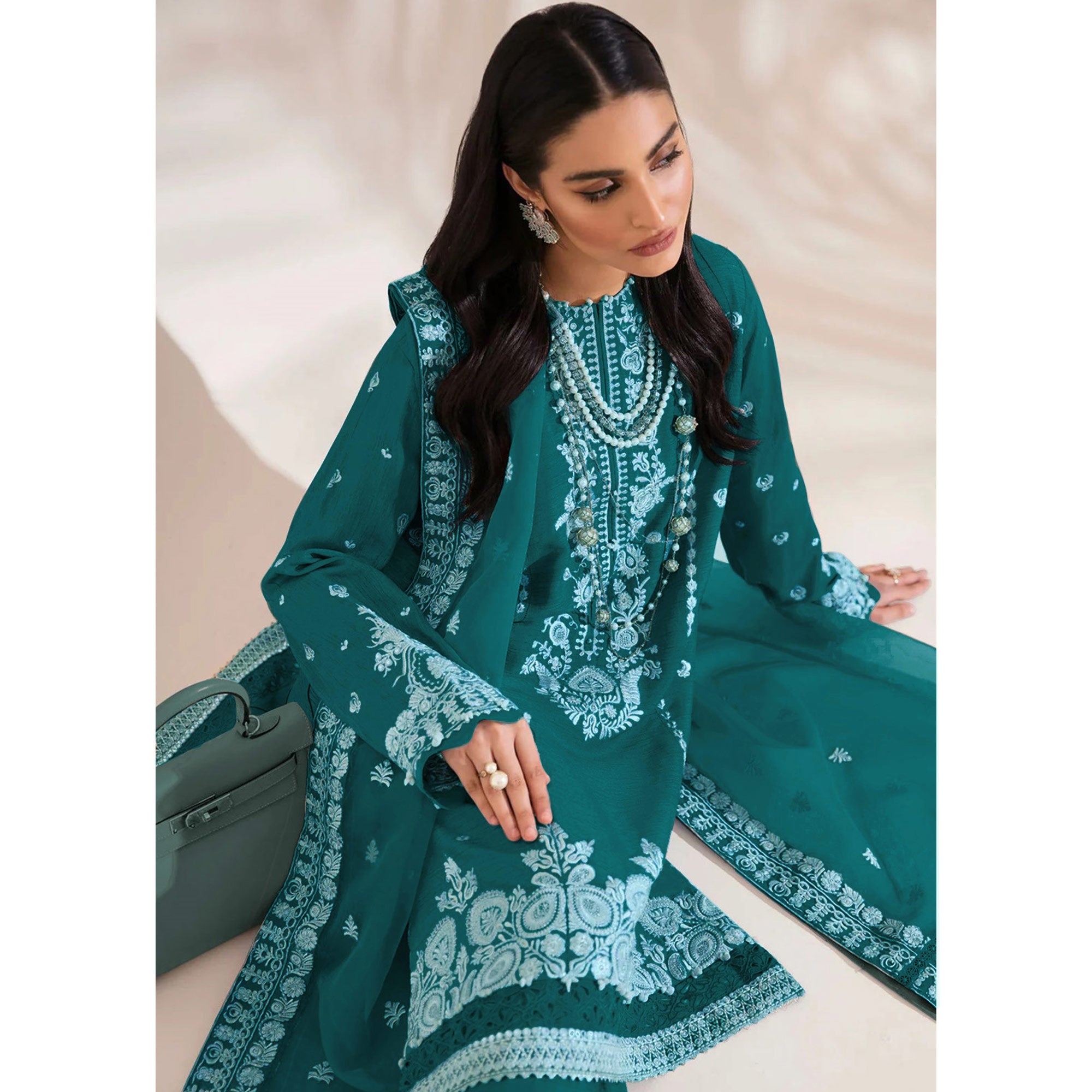 Teal Floral Embroidered Georgette Semi Stitched Pakistani Suit