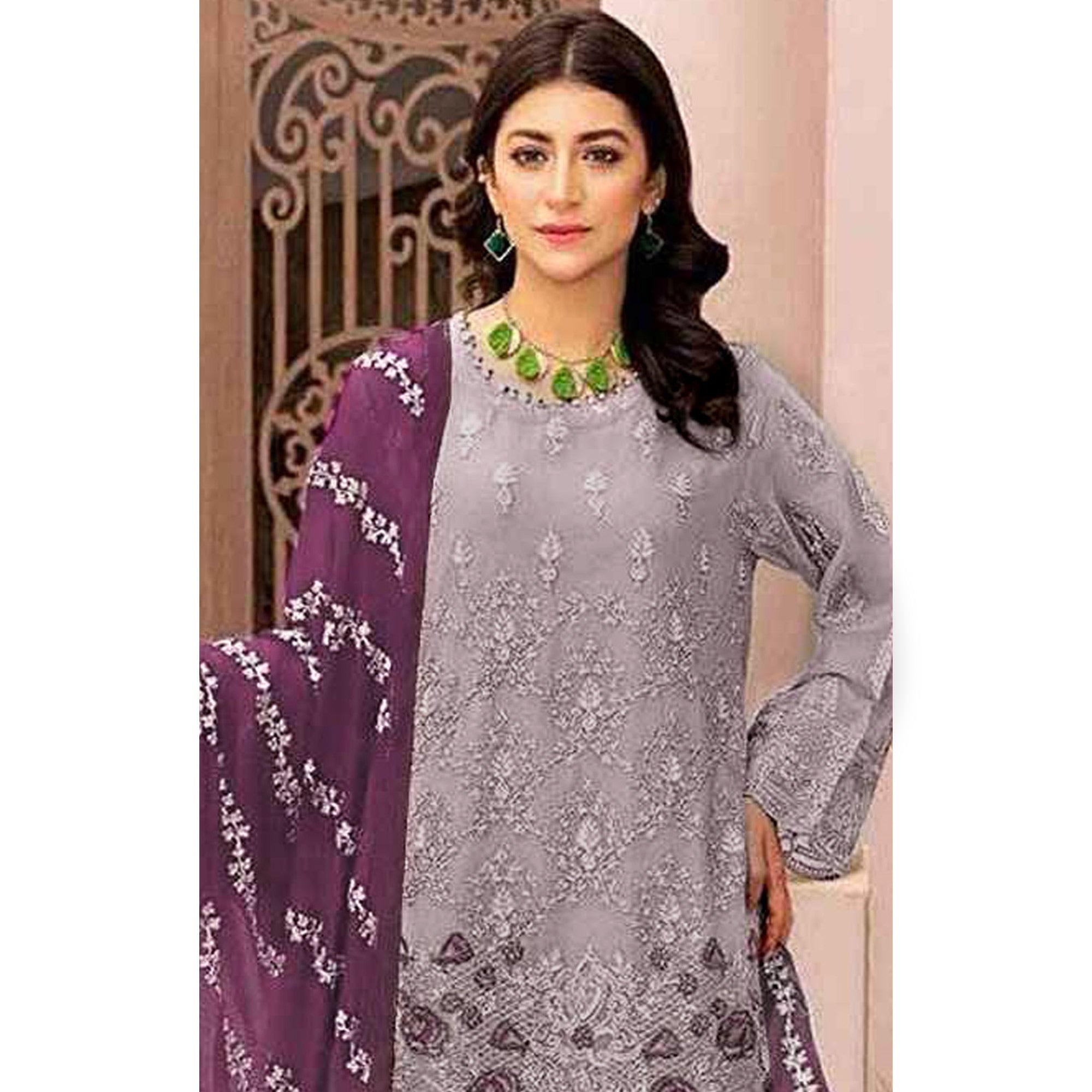 Mauve Floral Embroidered Georgette Semi Stitched Pakistani Suit