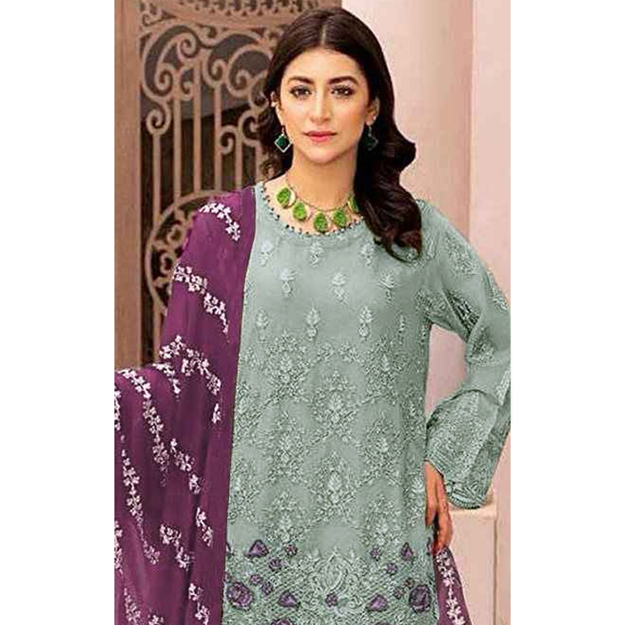 Green Floral Embroidered Georgette Semi Stitched Pakistani Suit