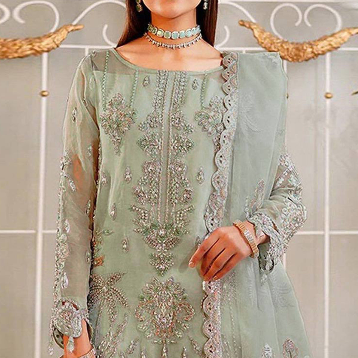 Green Floral Sequins Embroidered Organza Semi Stitched Pakistani Suit