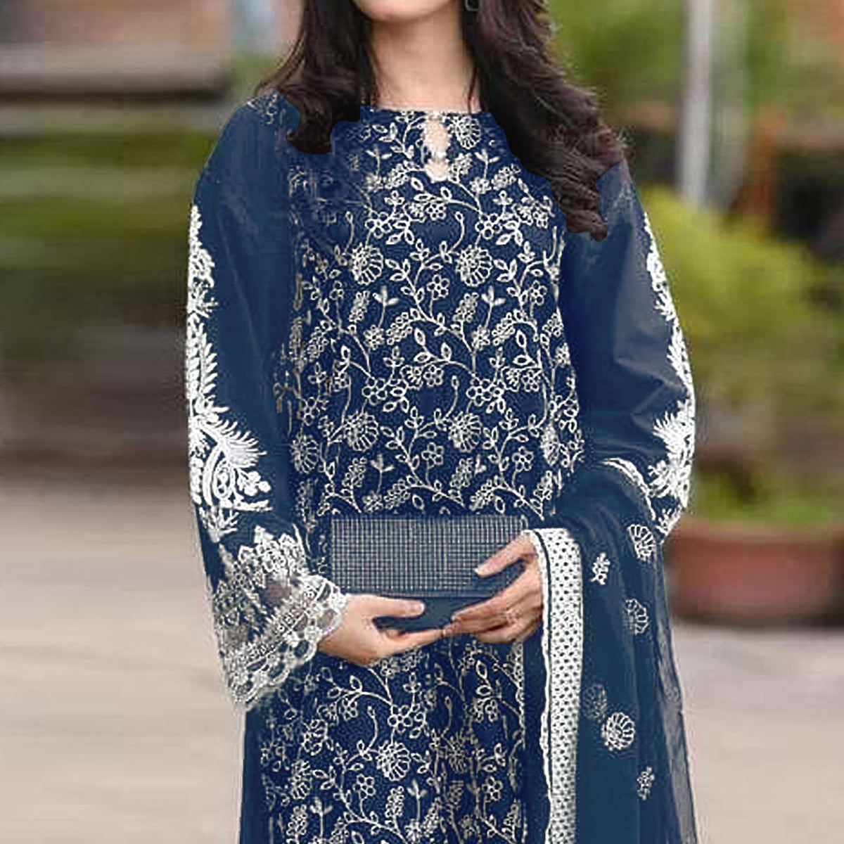 Blue Floral Embroidered Georgette Semi Stitched Pakistani Suit