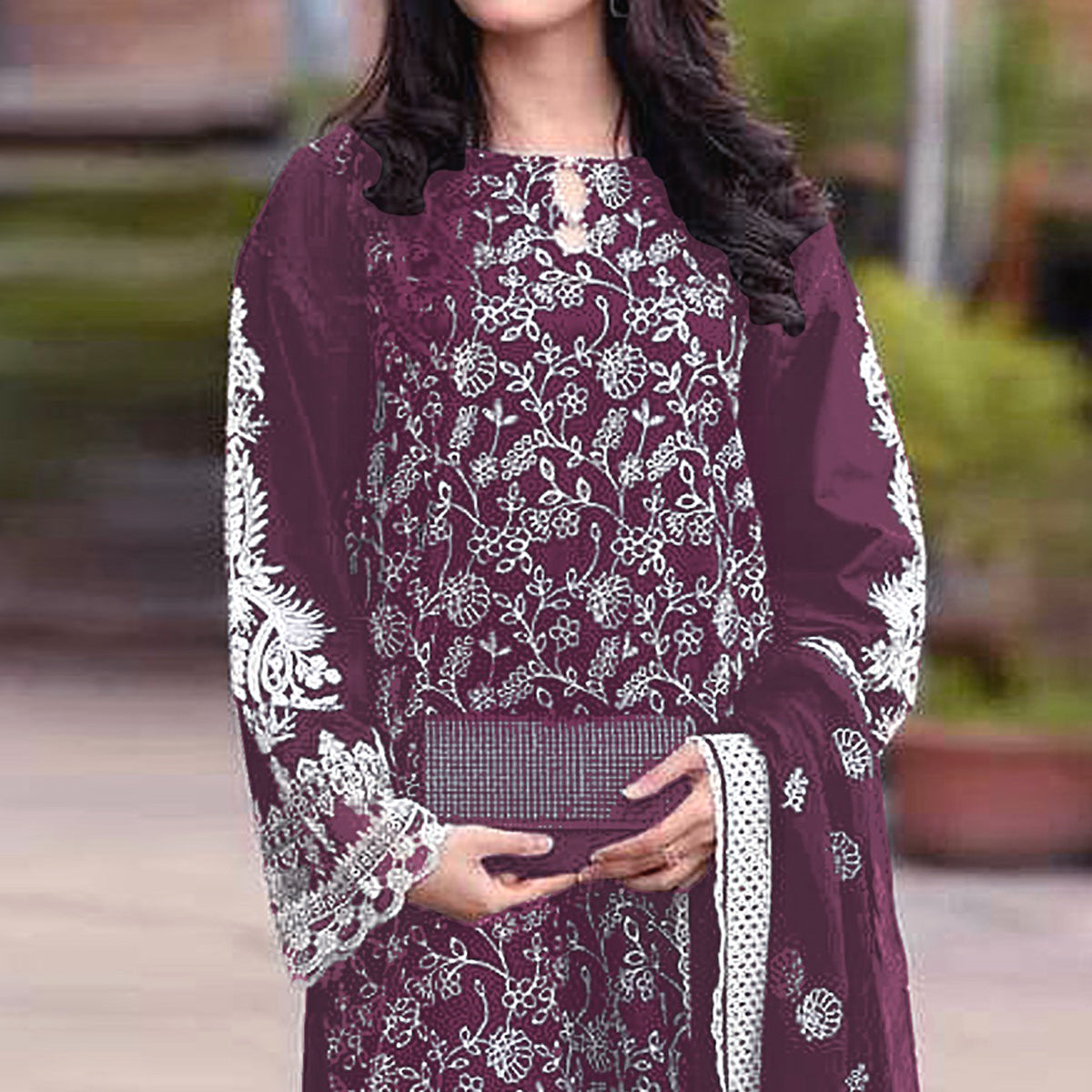 Wine Floral Embroidered Georgette Semi Stitched Pakistani Suit