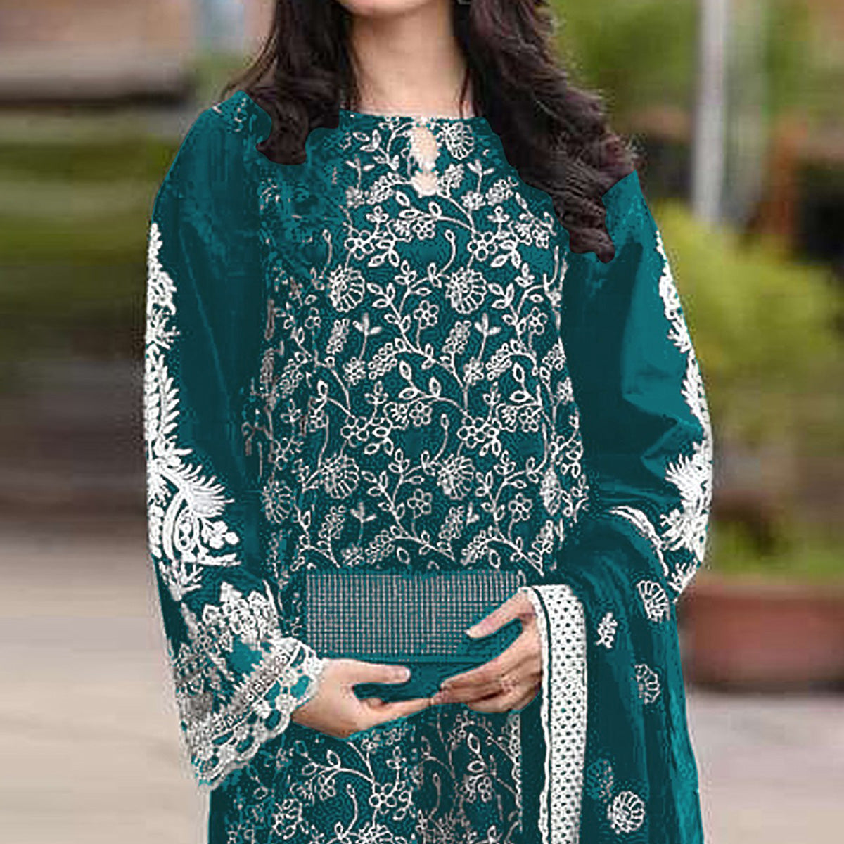 Teal Floral Embroidered Georgette Semi Stitched Pakistani Suit