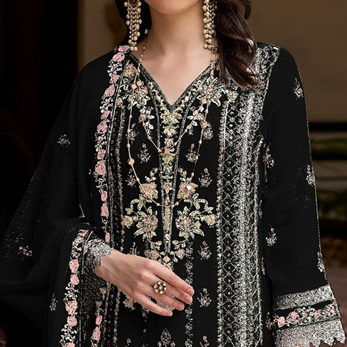 Black Floral Sequins Embroidered Georgette Semi Stitched Pakistani Suit