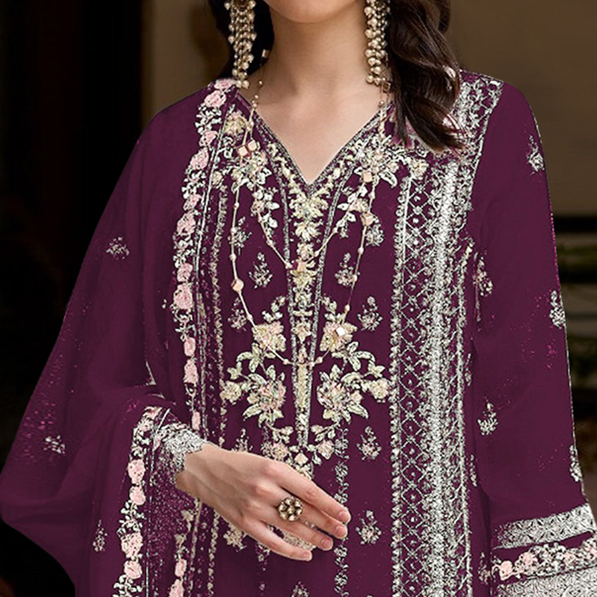 Wine Floral Sequins Embroidered Georgette Semi Stitched Pakistani Suit