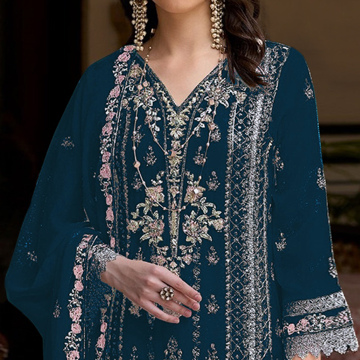 Moprich Floral Sequins Embroidered Georgette Semi Stitched Pakistani Suit