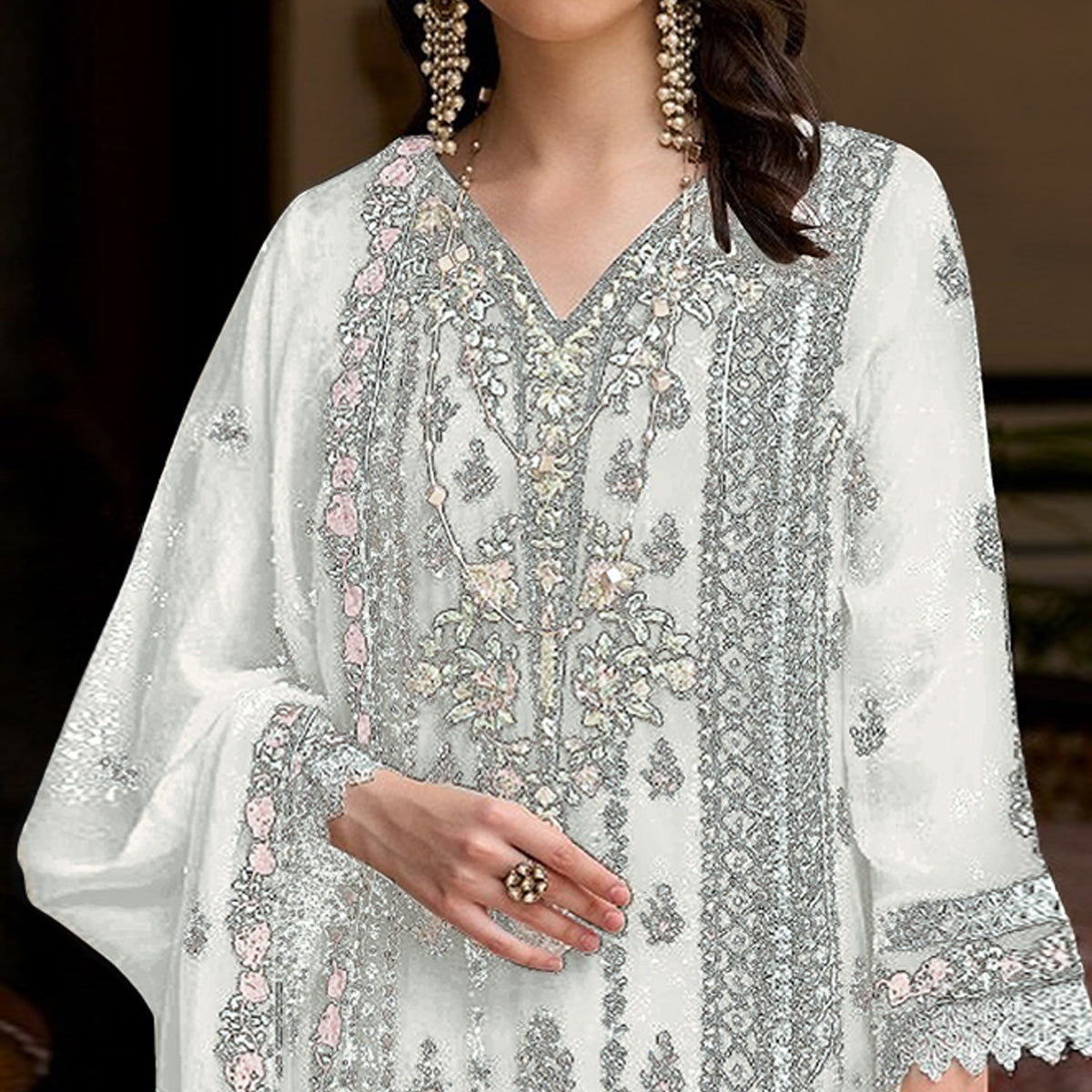 White Floral Sequins Embroidered Georgette Semi Stitched Pakistani Suit