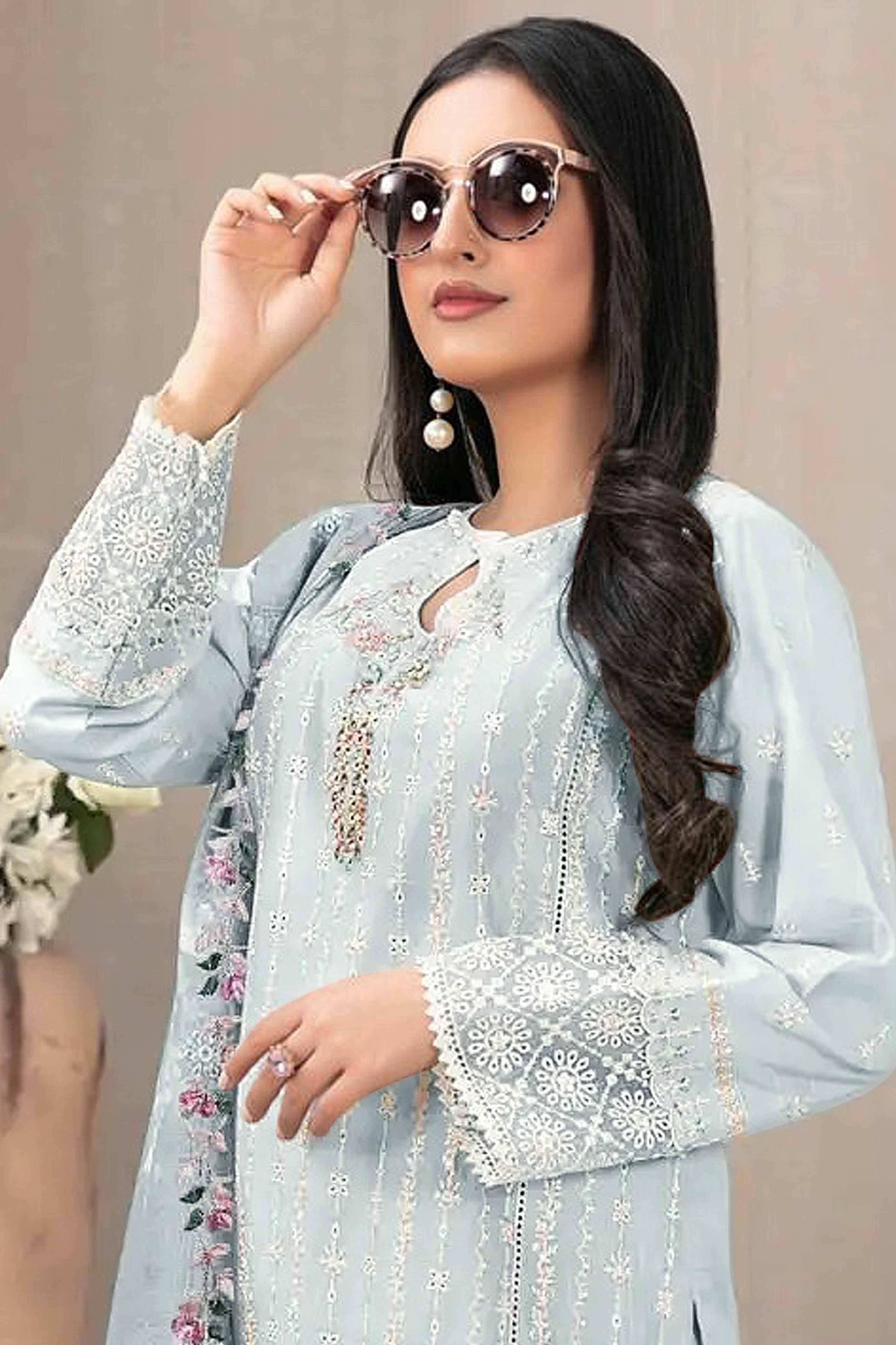 Sky Blue Floral Embroidered Georgette Semi Stitched Pakistani Suit