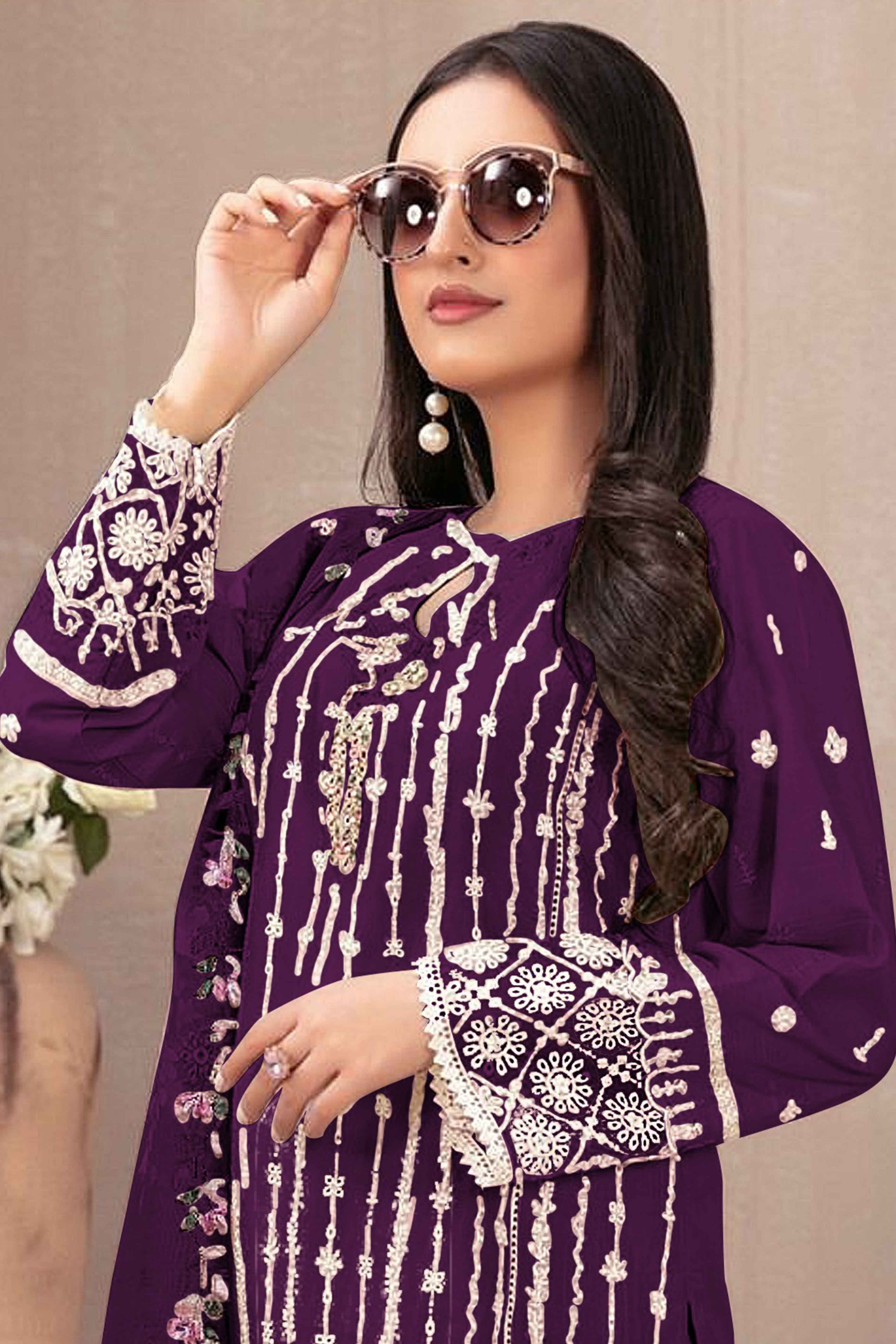 Dark Purple Floral Embroidered Georgette Semi Stitched Pakistani Suit