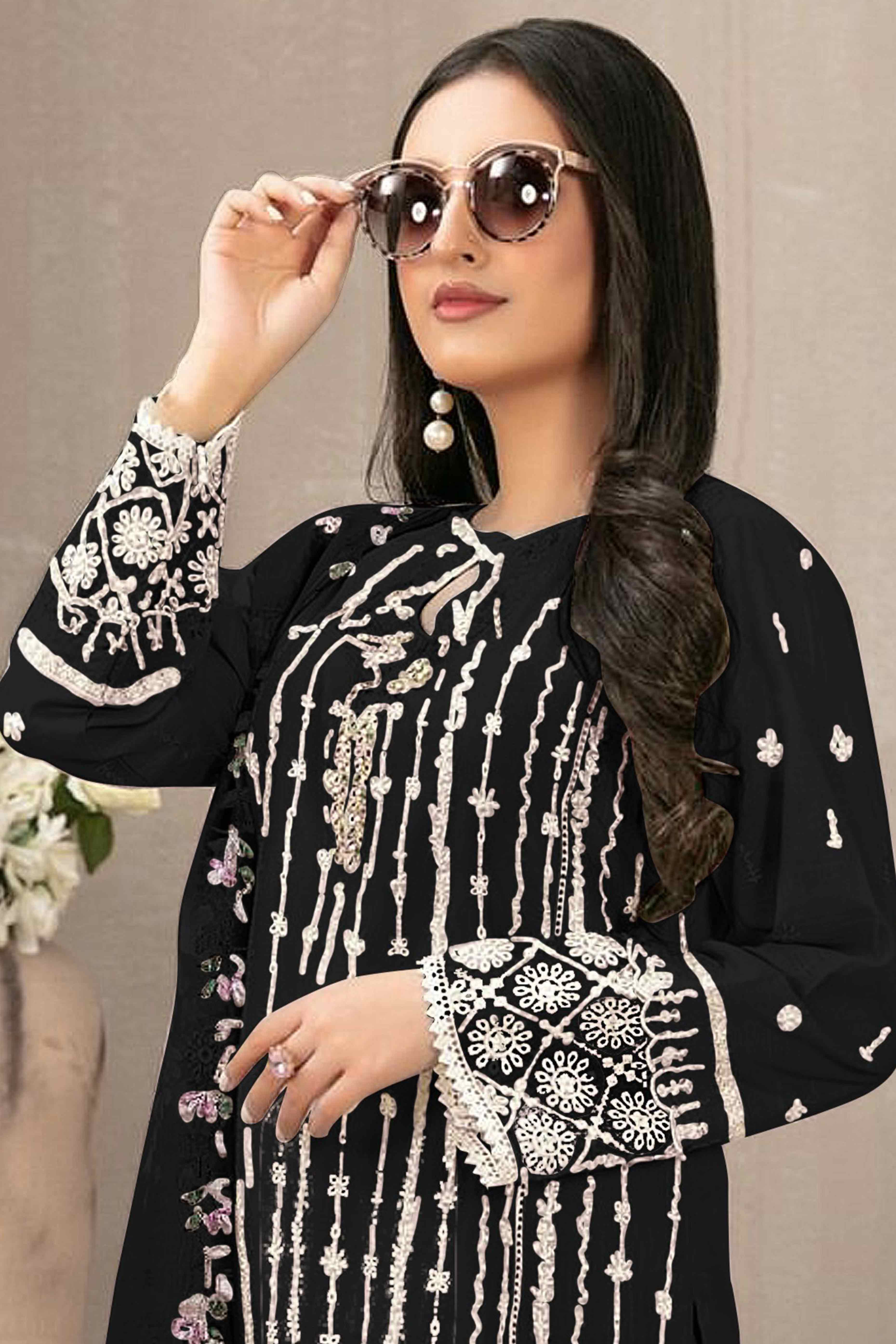 Black Floral Embroidered Georgette Semi Stitched Pakistani Suit