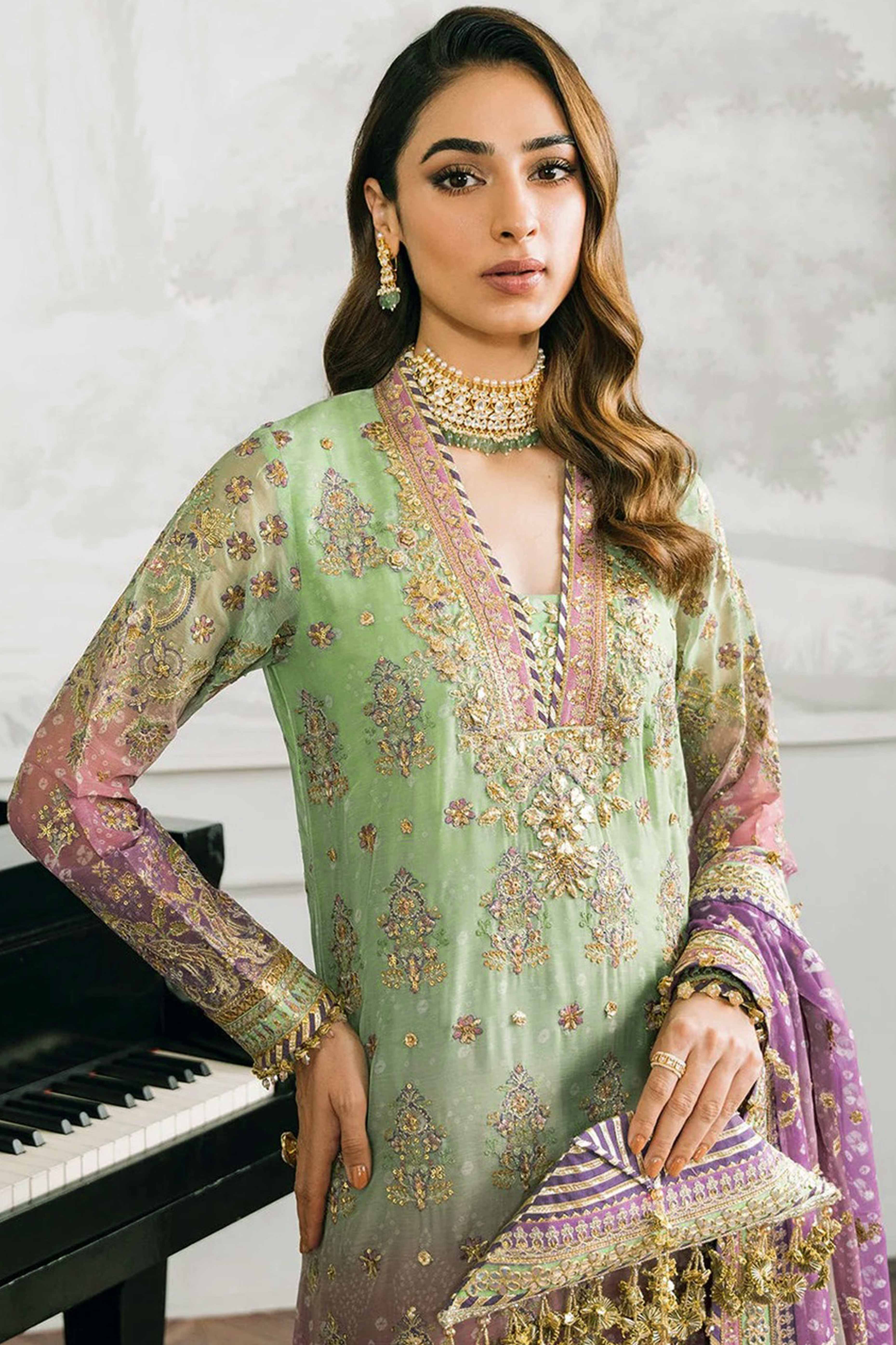 Green Digital Print With Sequins Embroidery Georgette Semi Stitched Pakistani Suit