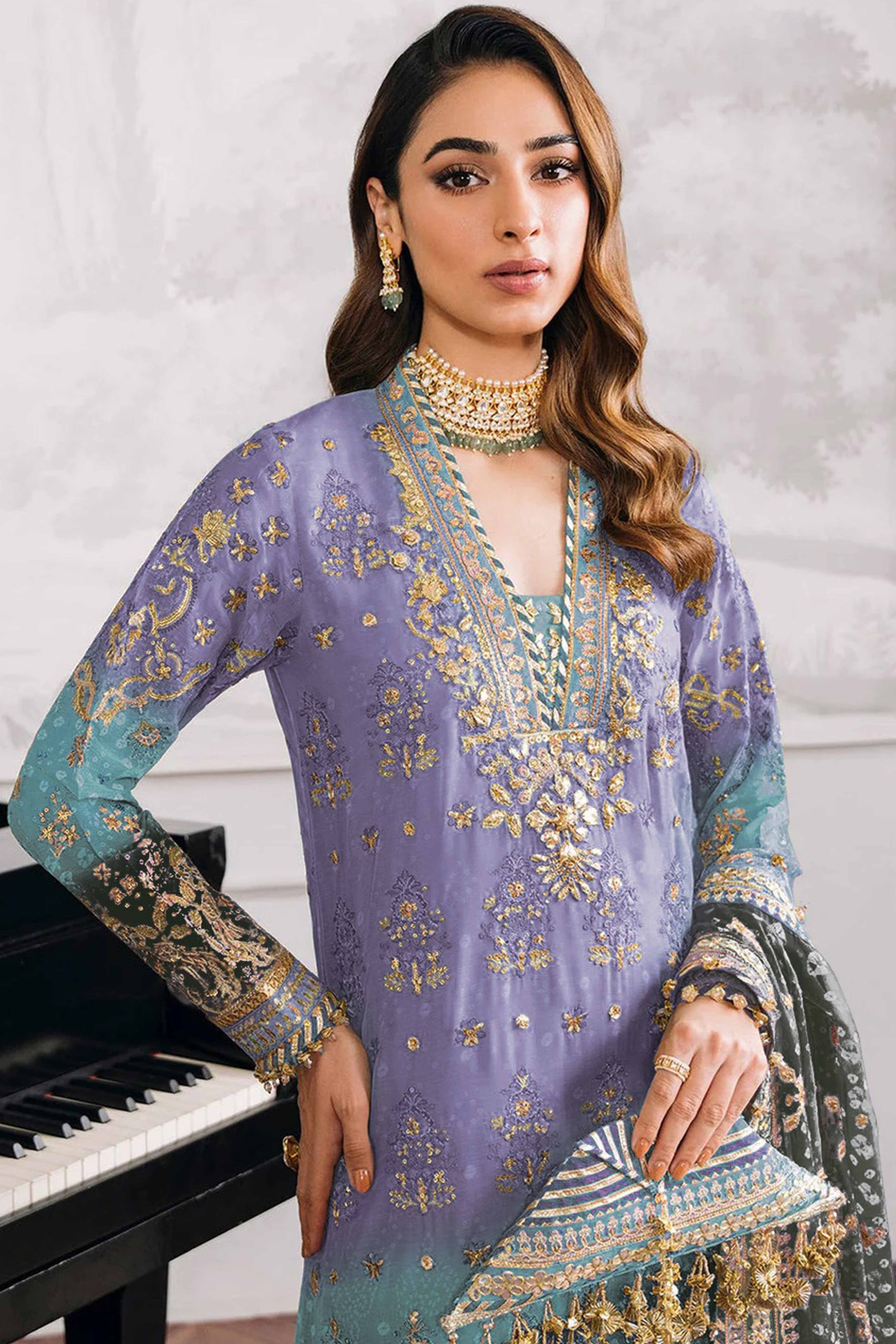 Lavender Digital Print With Sequins Embroidery Georgette Semi Stitched Pakistani Suit