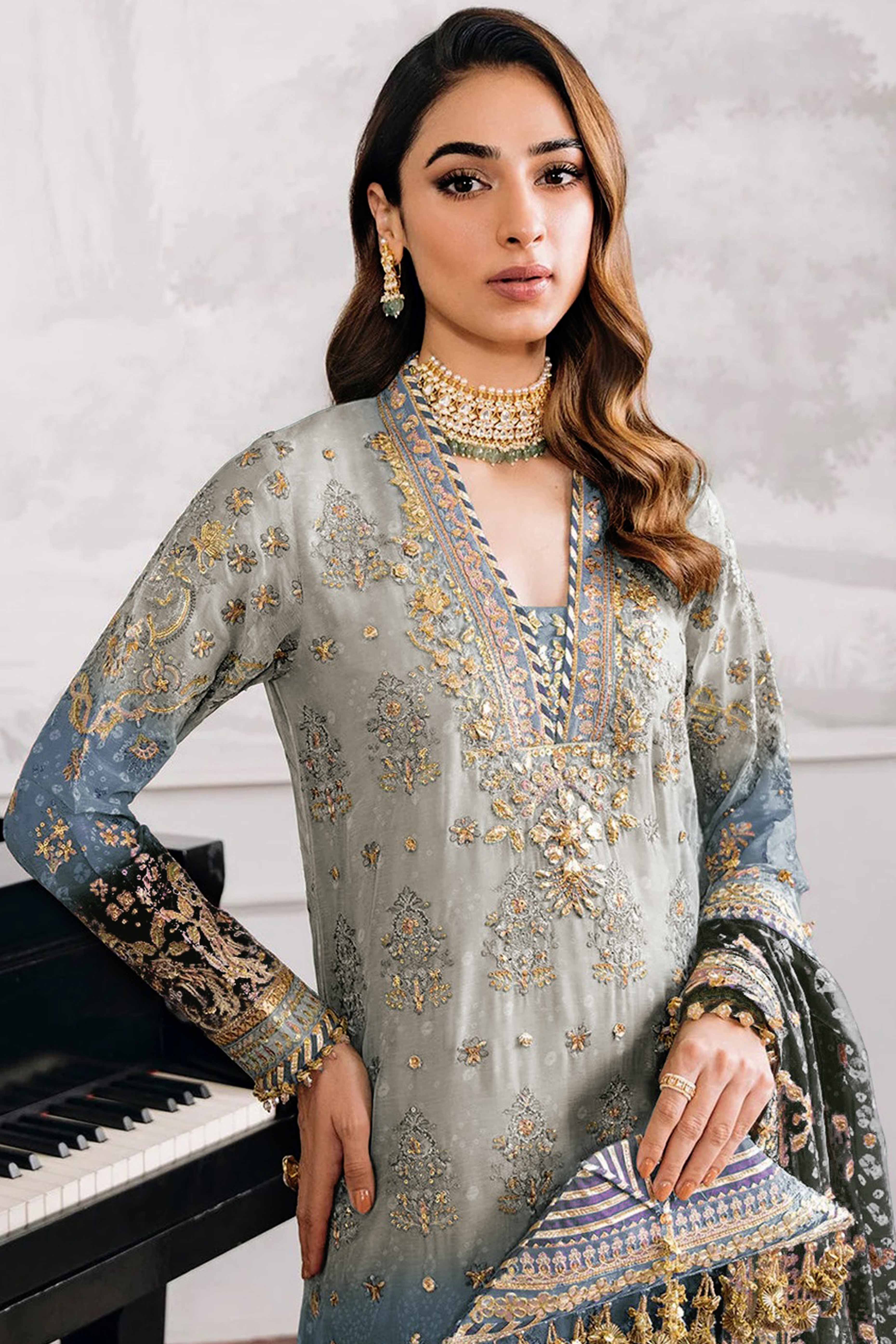 Grey Digital Print With Sequins Embroidery Georgette Semi Stitched Pakistani Suit