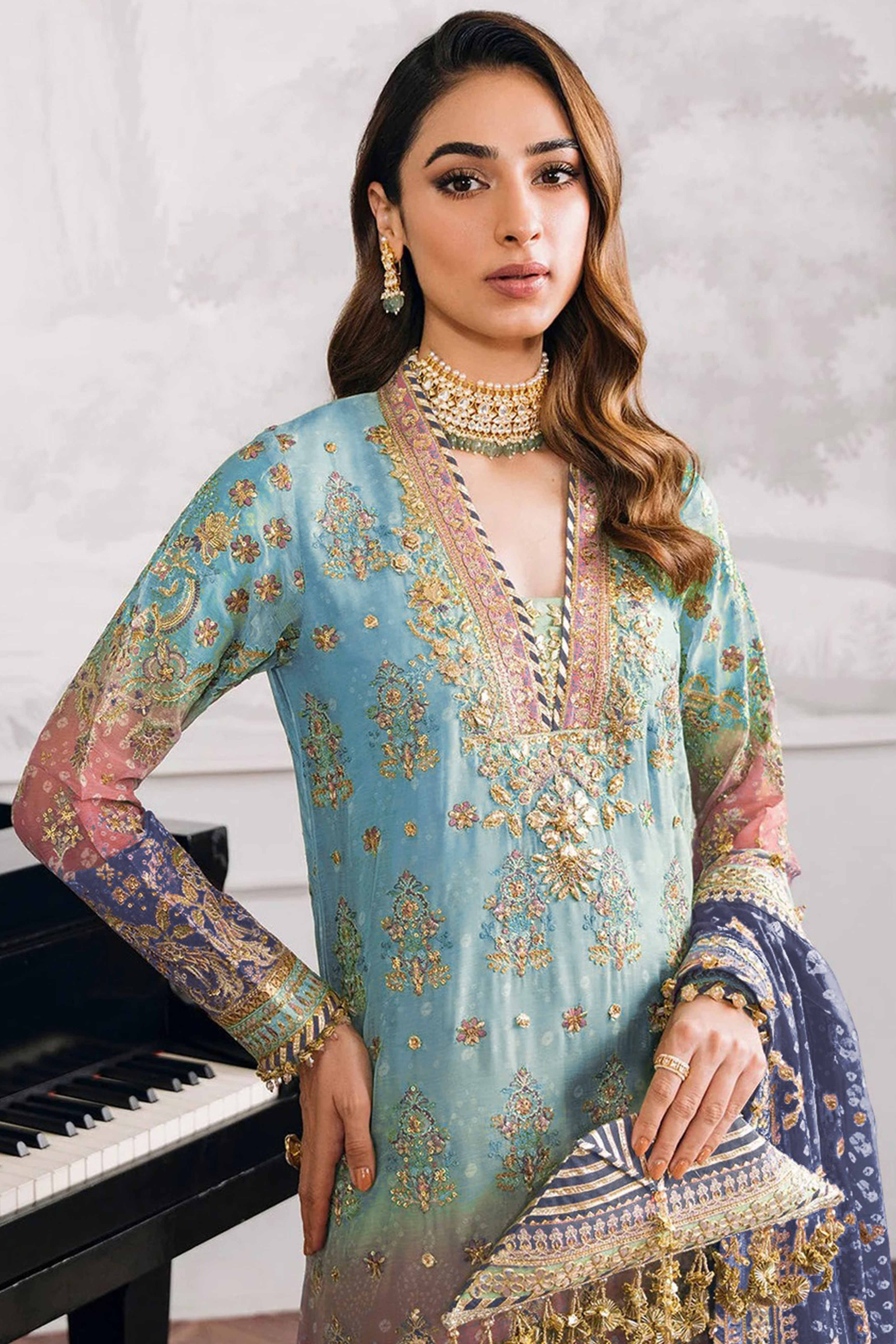 Sky Blue Digital Print With Sequins Embroidery Georgette Semi Stitched Pakistani Suit