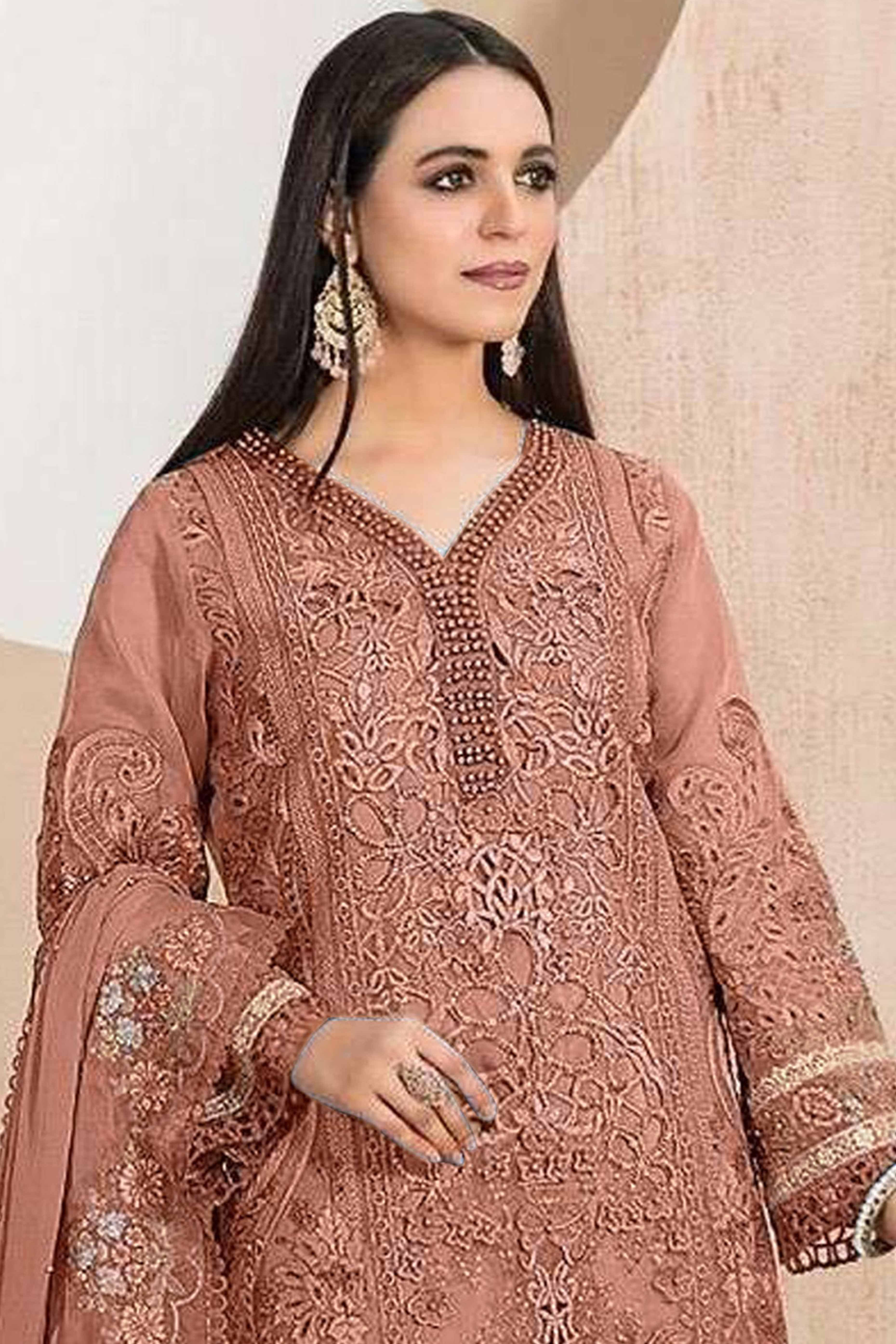 Peach Floral Sequins Embroidery With Motiwork Organza Semi Stitched Pakistani Suit