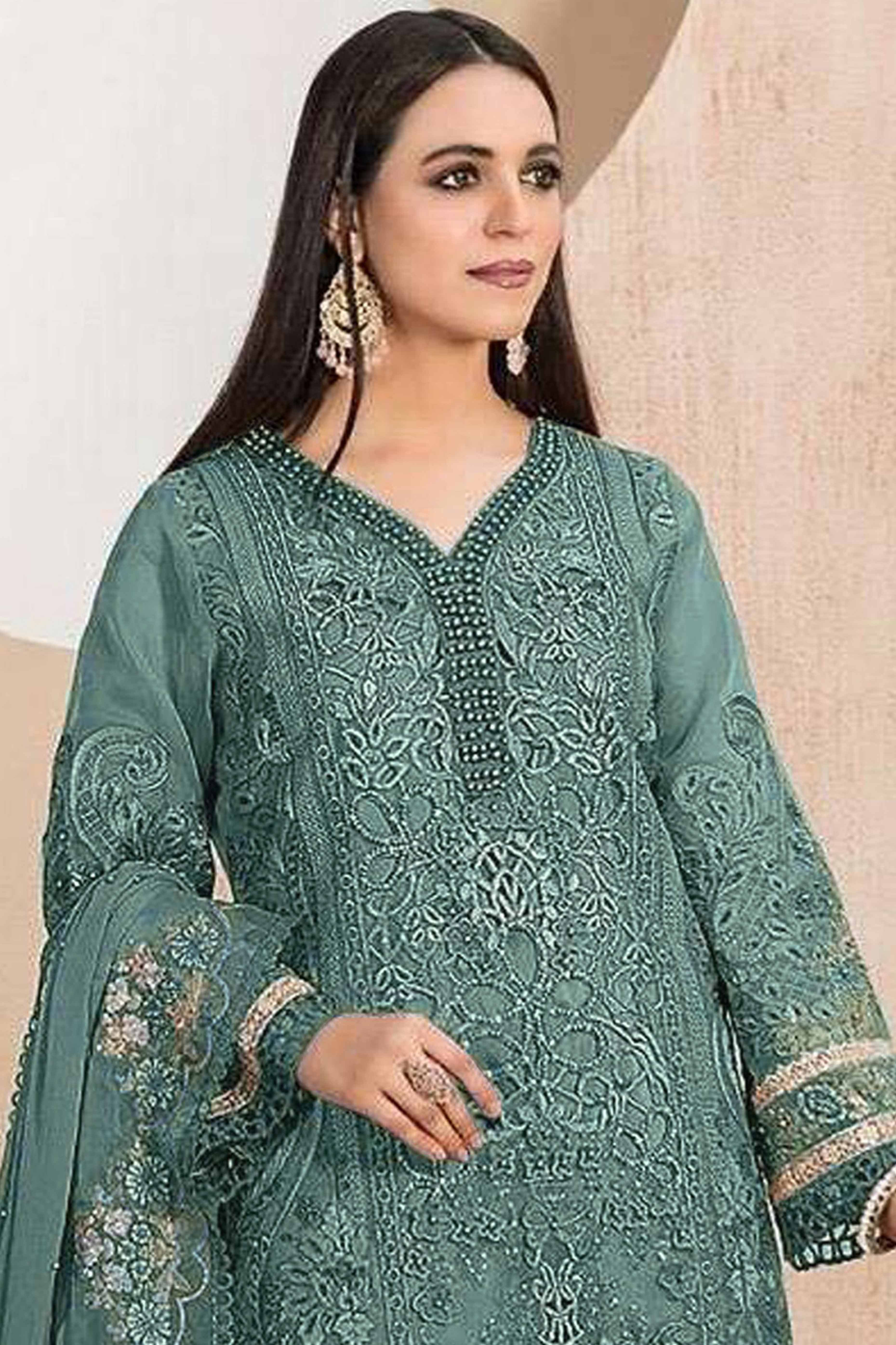 Green Floral Sequins Embroidery With Motiwork Organza Semi Stitched Pakistani Suit