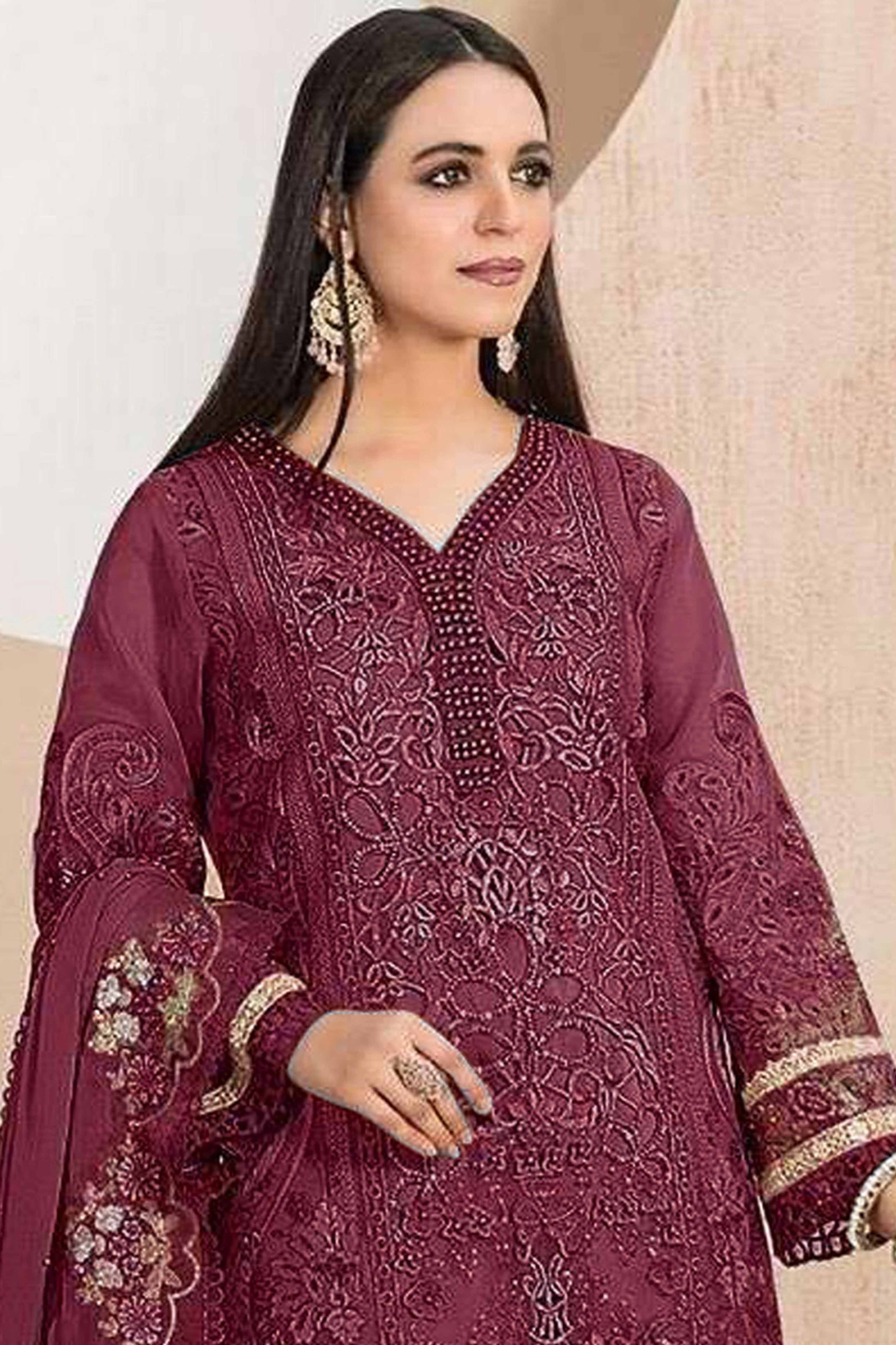 Wine Floral Sequins Embroidery With Motiwork Organza Semi Stitched Pakistani Suit