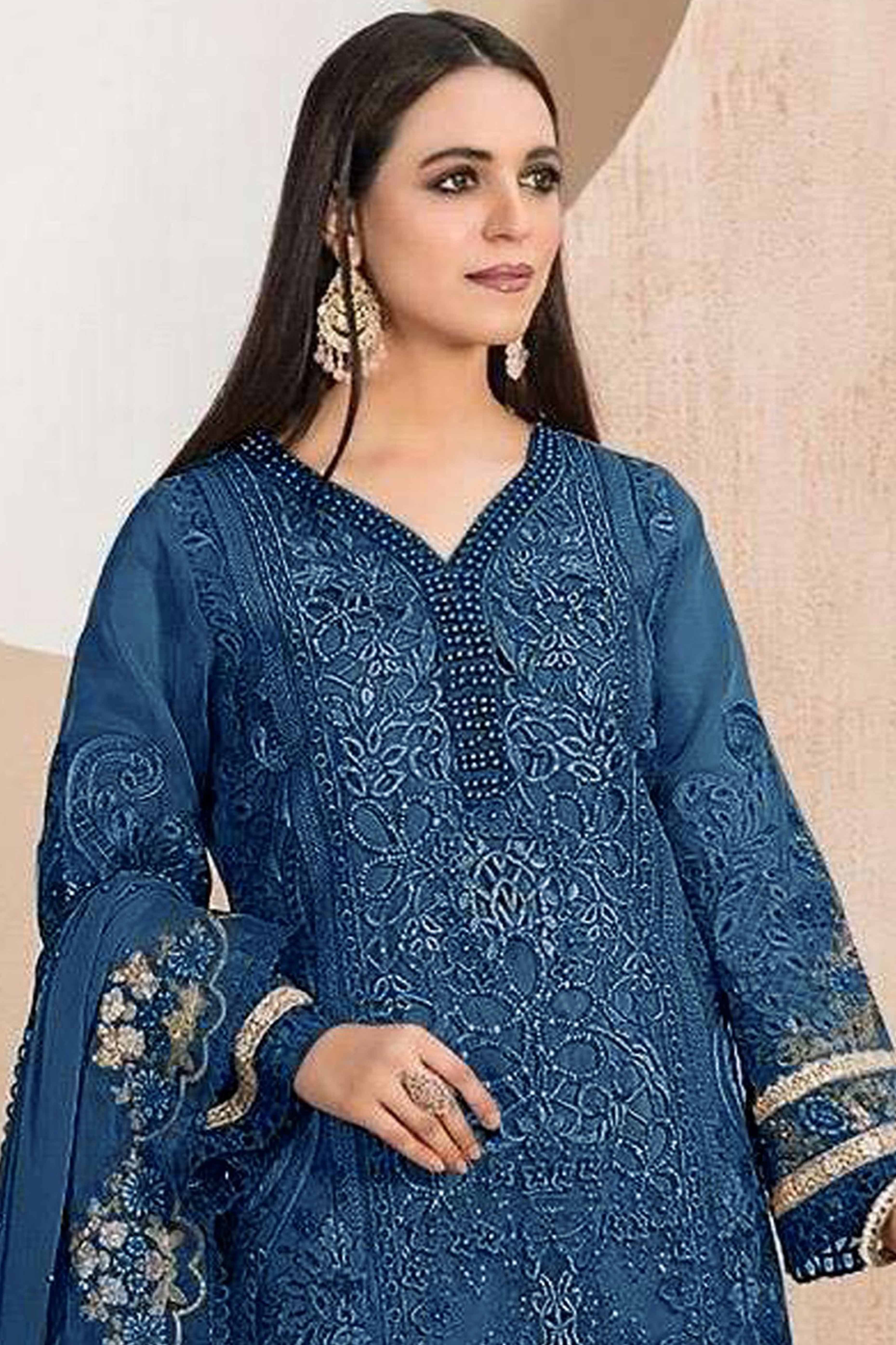 Blue Floral Sequins Embroidery With Motiwork Organza Semi Stitched Pakistani Suit