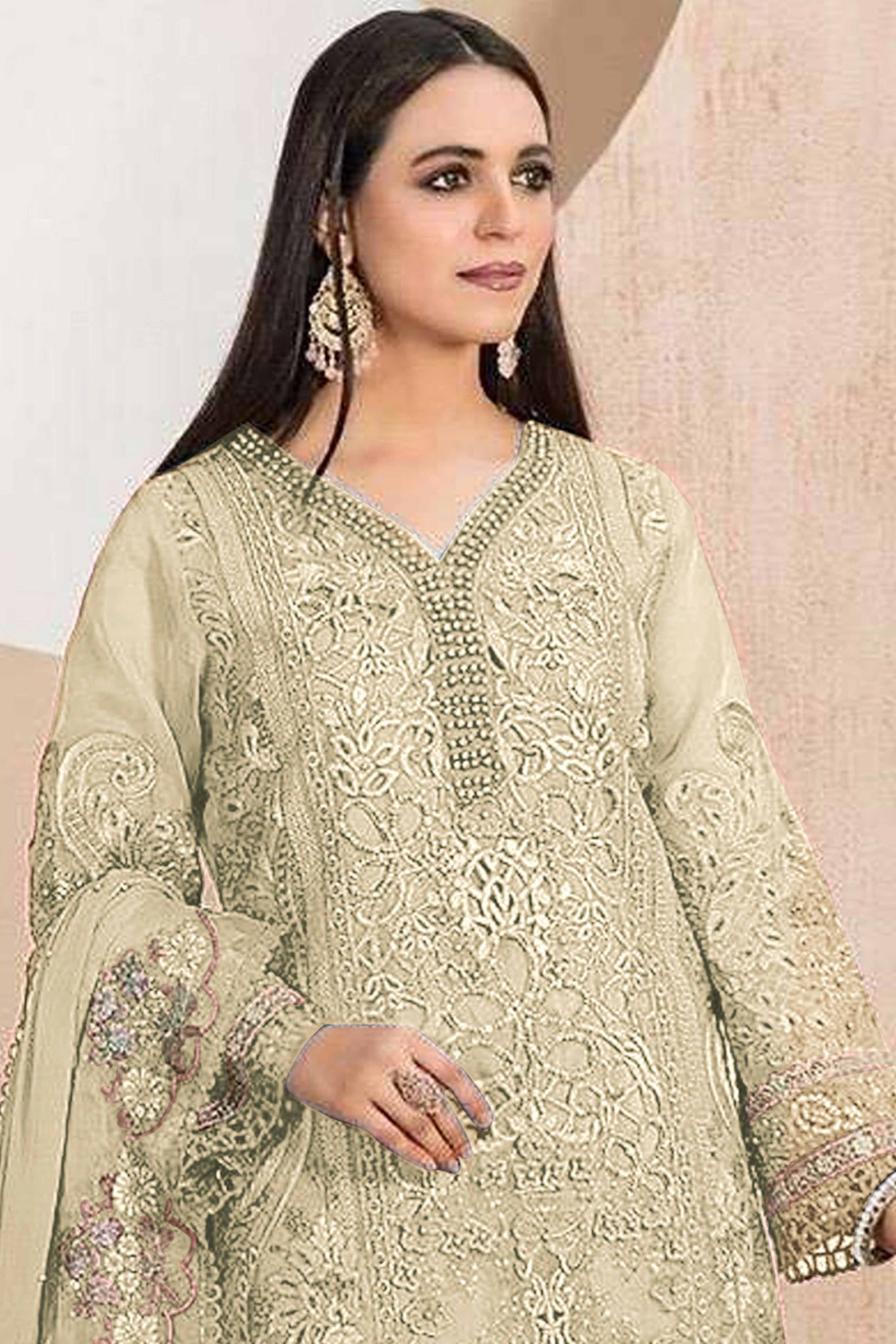 Cream Floral Sequins Embroidery With Motiwork Organza Semi Stitched Pakistani Suit