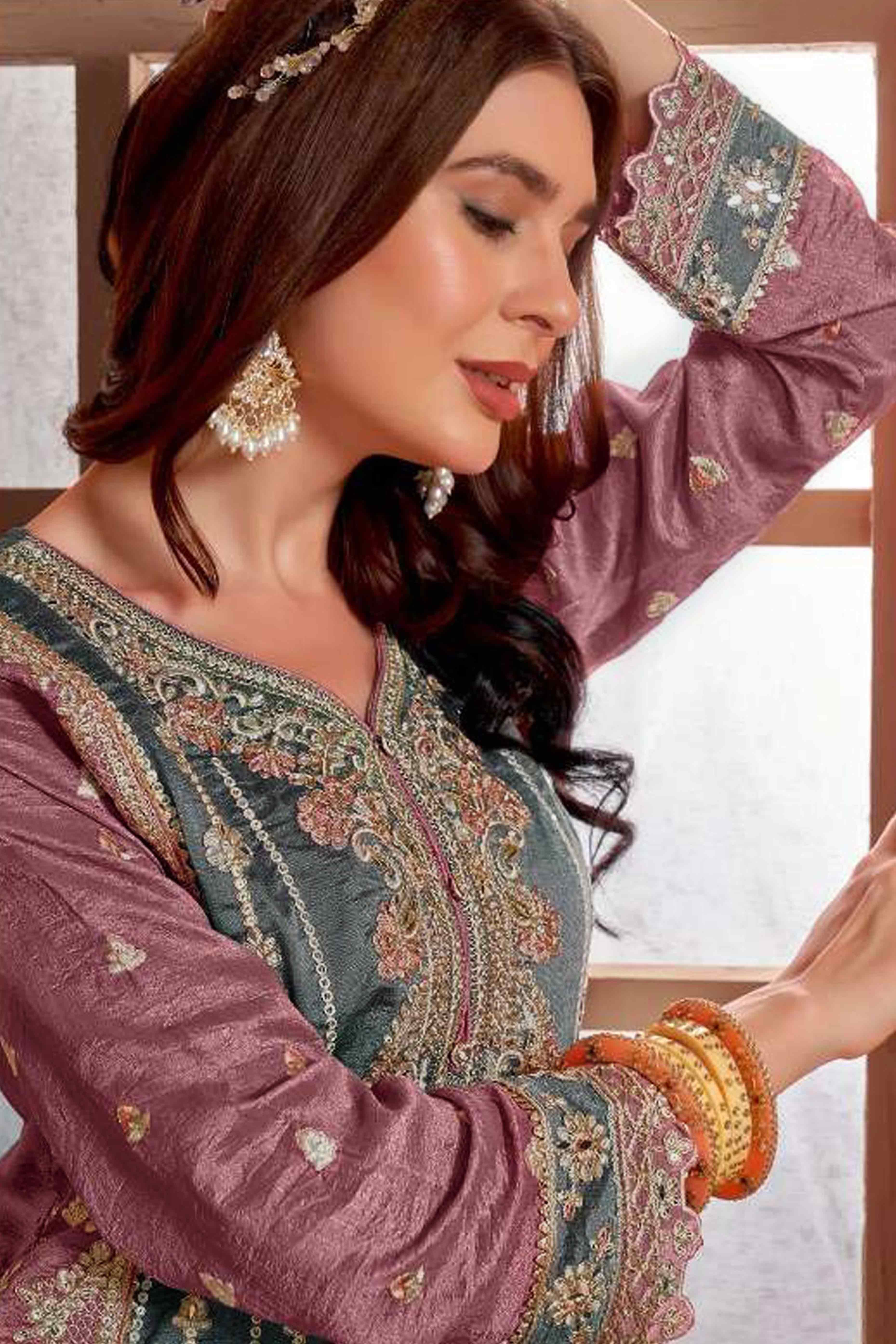 Grey & Mauve Floral Sequins Embroidery Vichitra Silk Semi Stitched Pakistani Suit