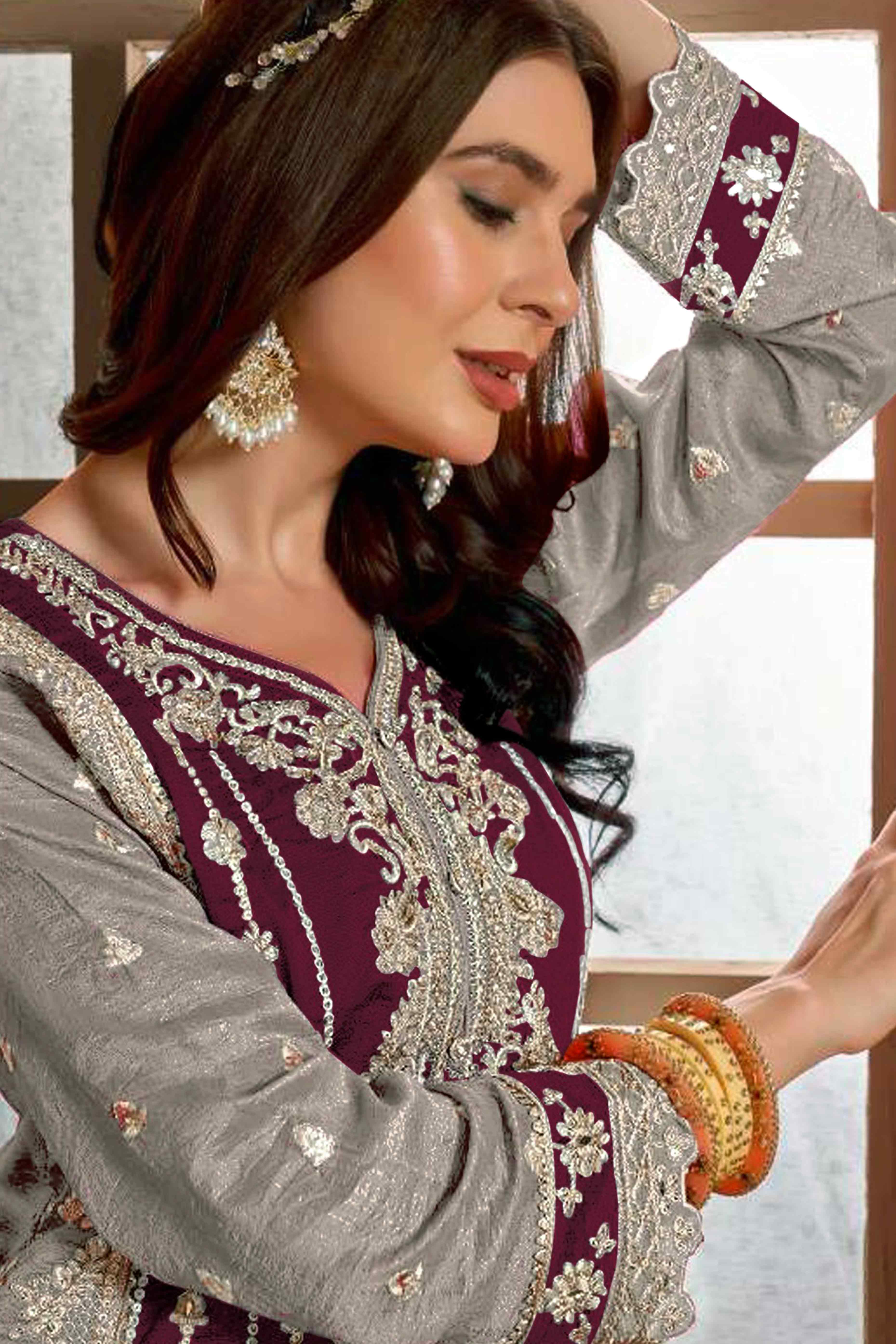 Wine & Grey Floral Sequins Embroidery Vichitra Silk Semi Stitched Pakistani Suit